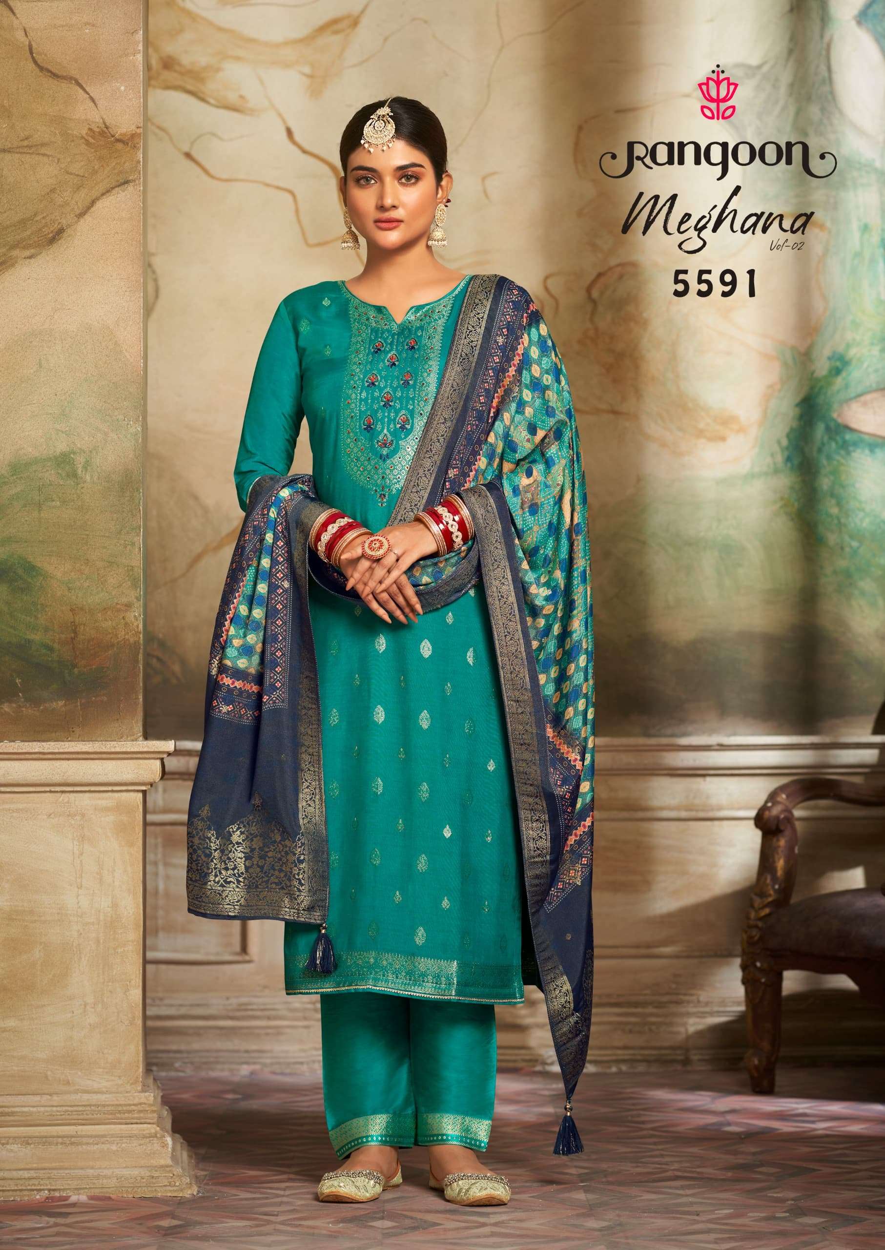 MEGHANA VOL-2 BY RANGOON VISCOSE WITH KHATLI HANDWORK KURTI PANT WITH PURE DIGITAL DUPATTA