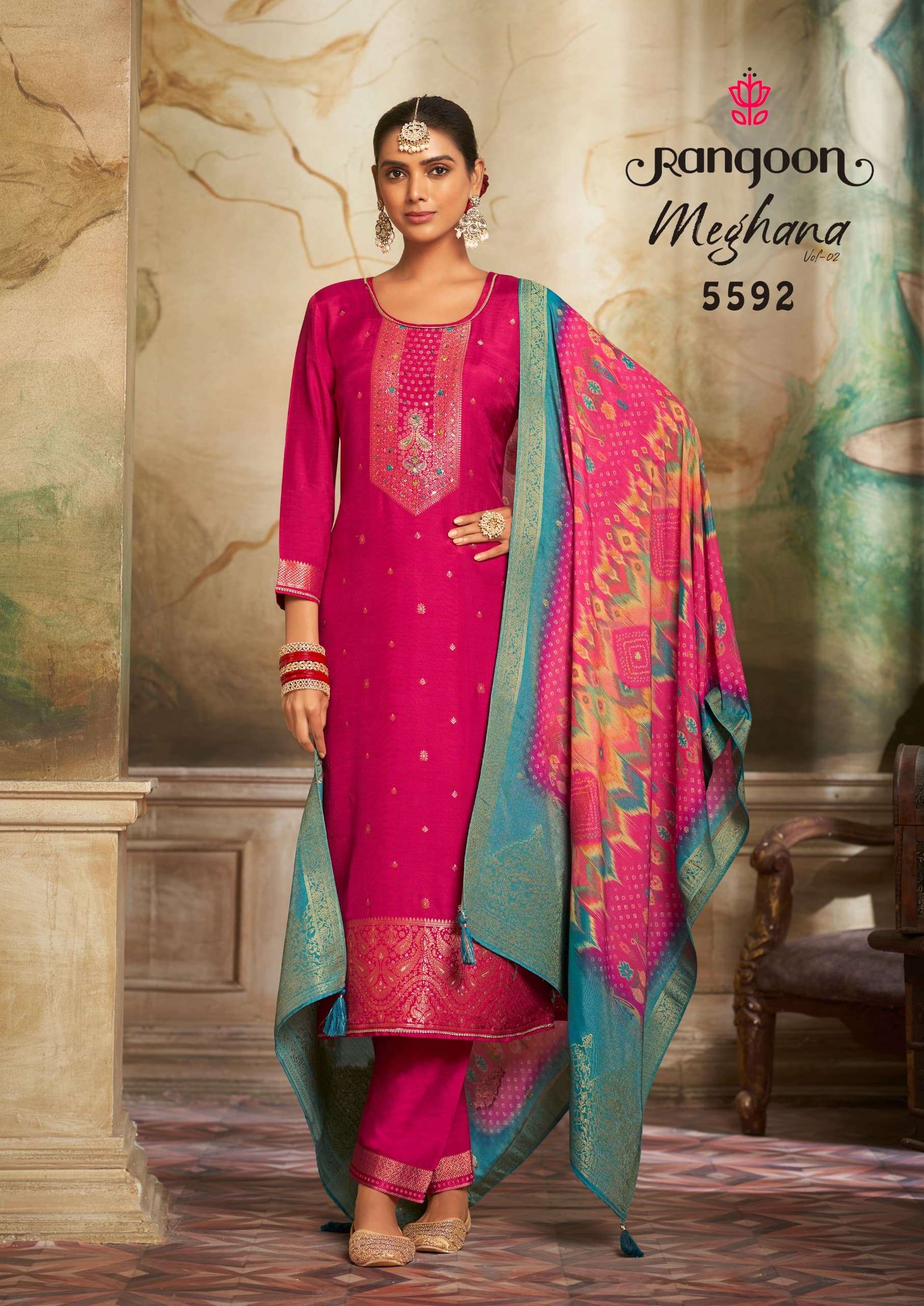 MEGHANA VOL-2 BY RANGOON VISCOSE WITH KHATLI HANDWORK KURTI PANT WITH PURE DIGITAL DUPATTA