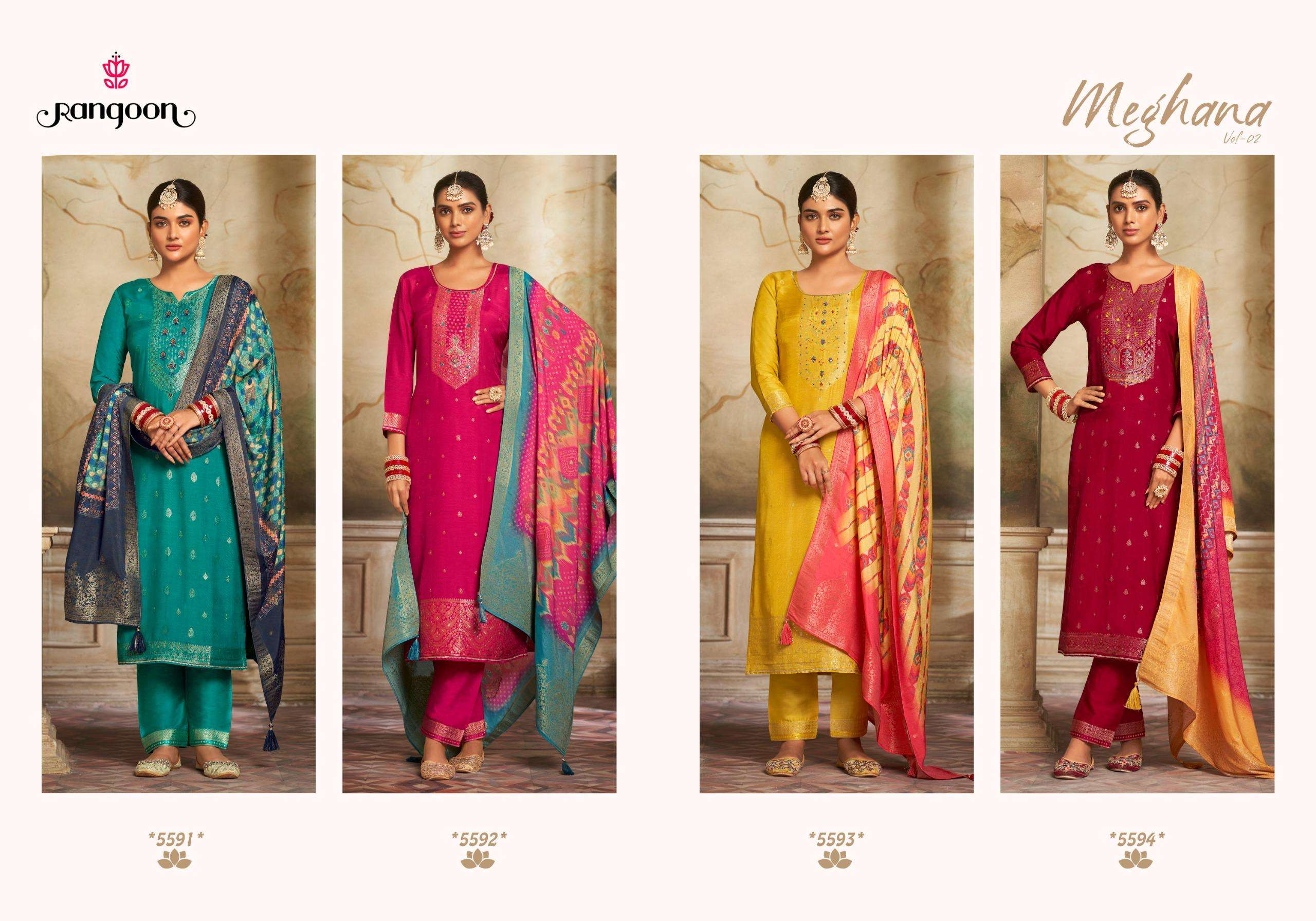 MEGHANA VOL-2 BY RANGOON VISCOSE WITH KHATLI HANDWORK KURTI PANT WITH PURE DIGITAL DUPATTA