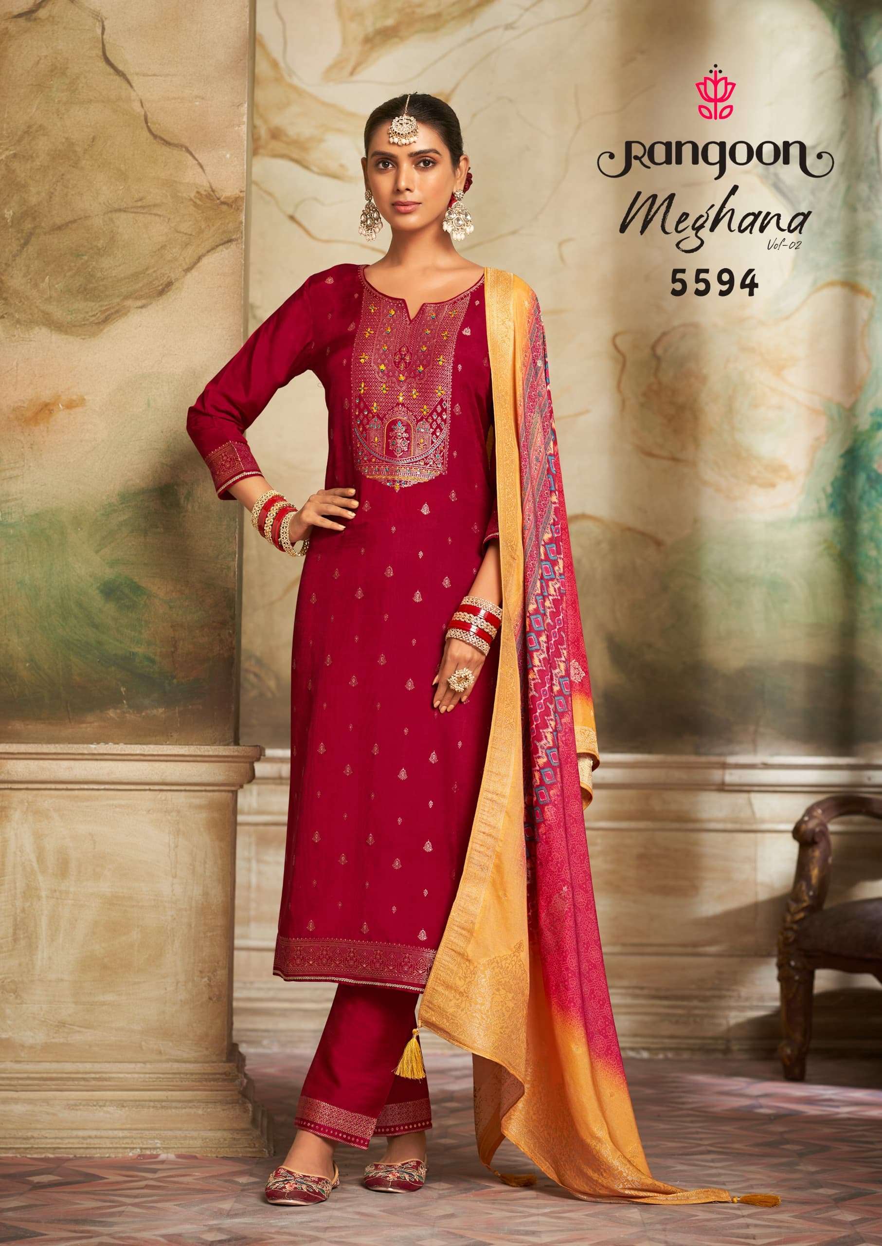 MEGHANA VOL-2 BY RANGOON VISCOSE WITH KHATLI HANDWORK KURTI PANT WITH PURE DIGITAL DUPATTA