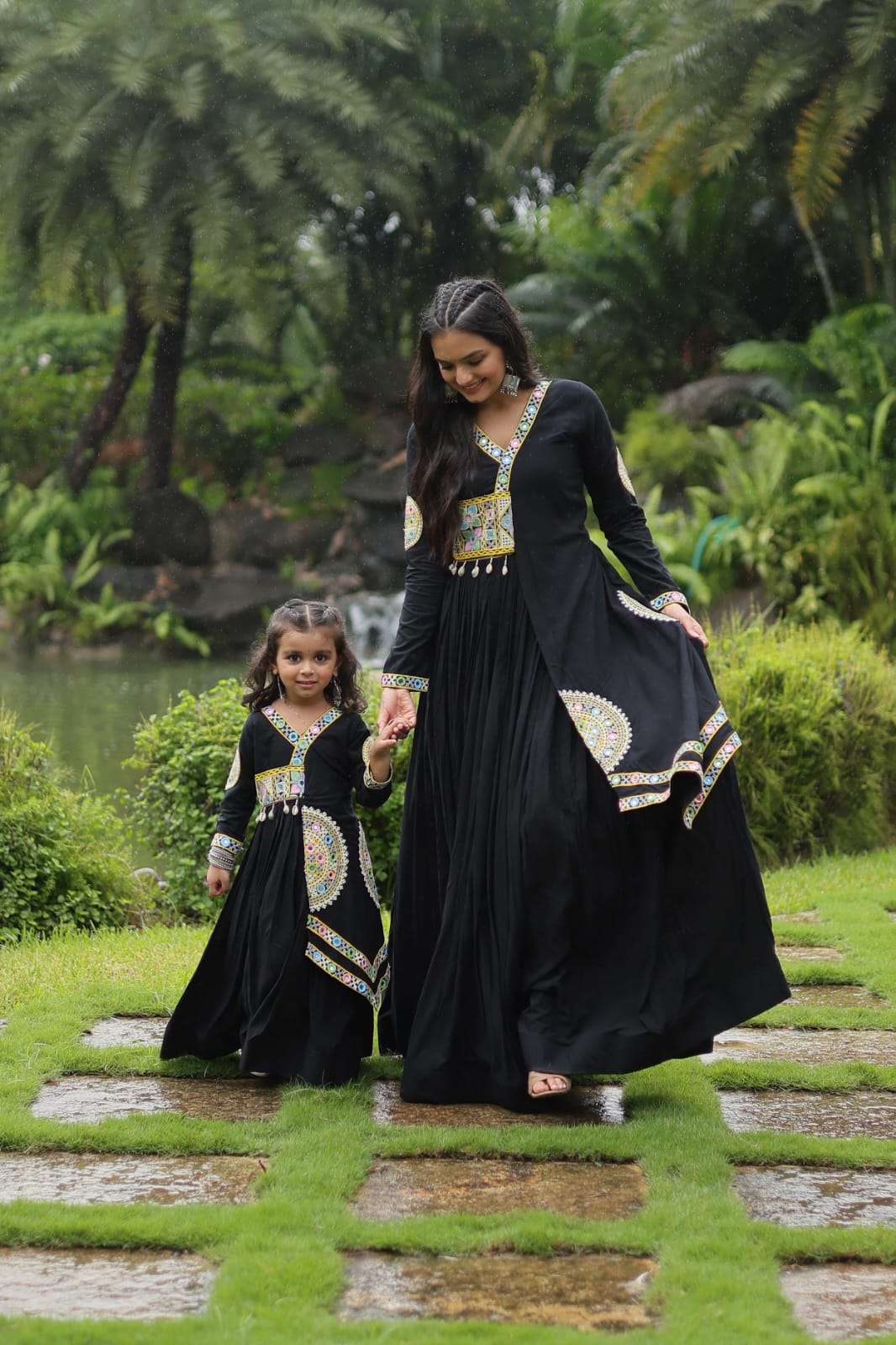 MOM DAUGHTER COMBO GOWN BY TEXOFAB RAYON FABRIC WITH KUTCHI GAMTHI LACE WORK LONG GOWN 