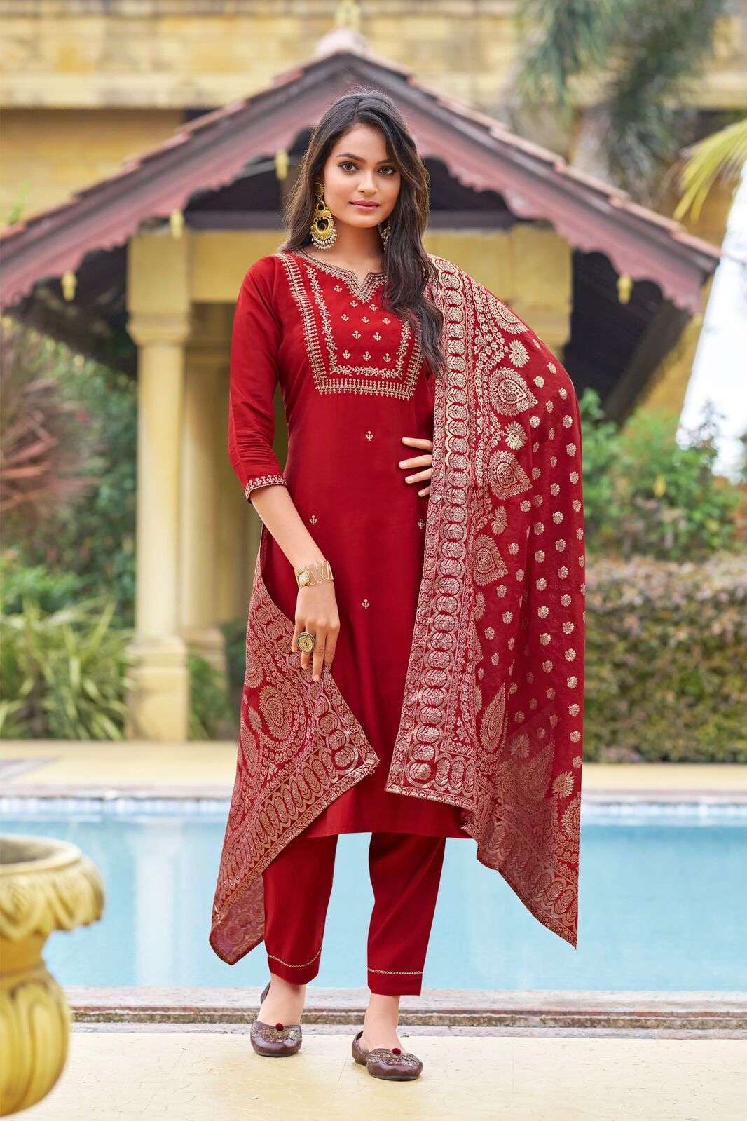 MONALISA VOL-4 BY OSSM PREMIUM VISCOSE ROMAN SLUB HEAVY EMBROIDERY WORK KURTI PANT WITH DUPATTA 