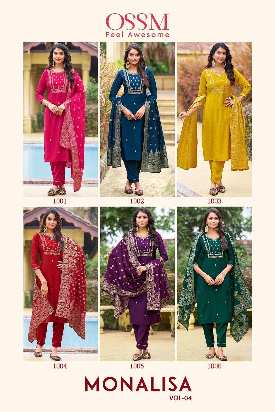 MONALISA VOL-4 BY OSSM PREMIUM VISCOSE ROMAN SLUB HEAVY EMBROIDERY WORK KURTI PANT WITH DUPATTA 