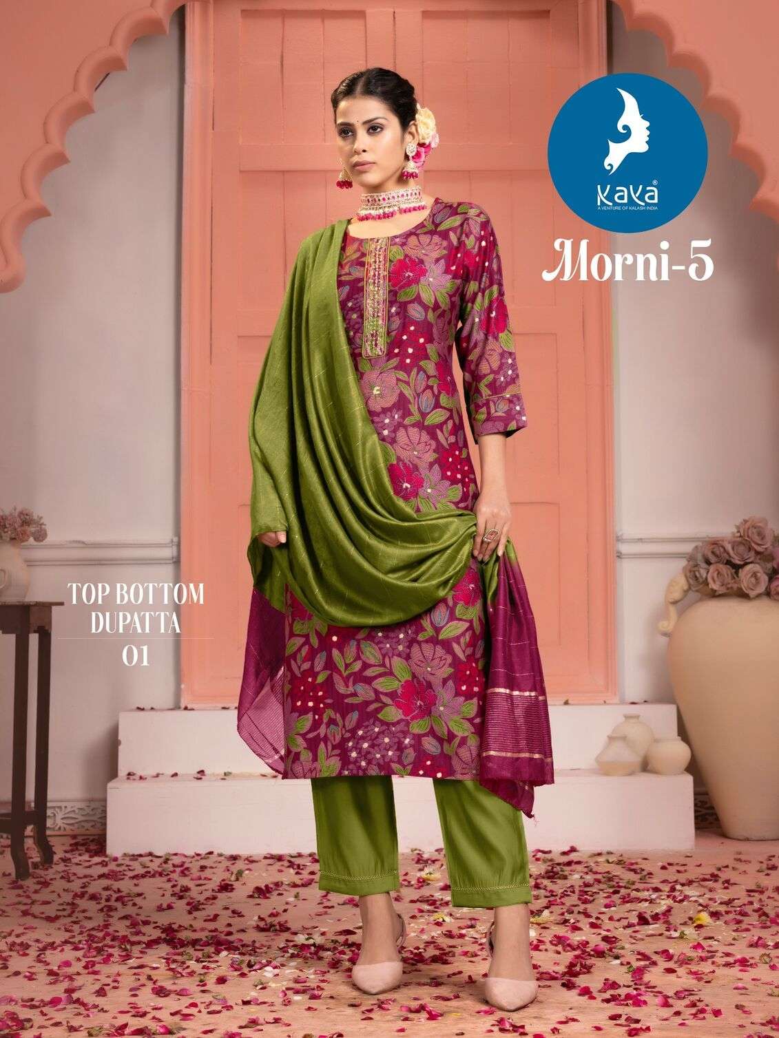 MORNI VOL-5 BY KAYA KURTI ROMAN SILK 3 PIECE STRAIGHT CONCEPT KURTI PANT WITH CHANDERI JACQUARD DUPATTA 