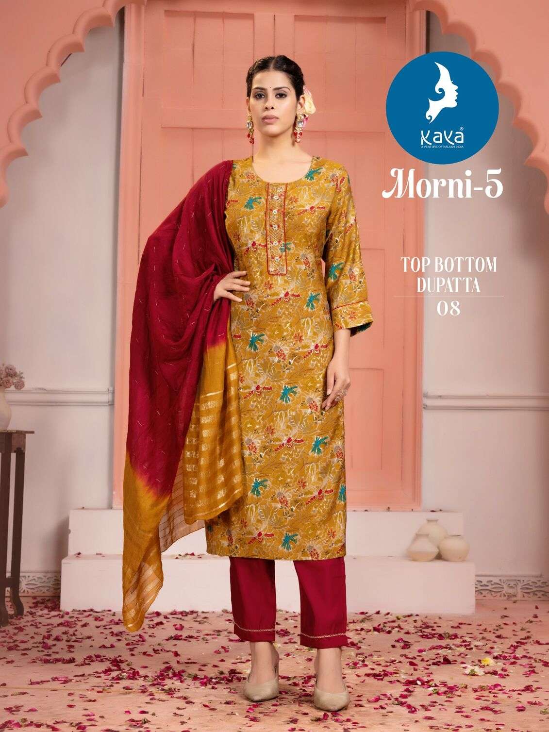 MORNI VOL-5 BY KAYA KURTI ROMAN SILK 3 PIECE STRAIGHT CONCEPT KURTI PANT WITH CHANDERI JACQUARD DUPATTA 