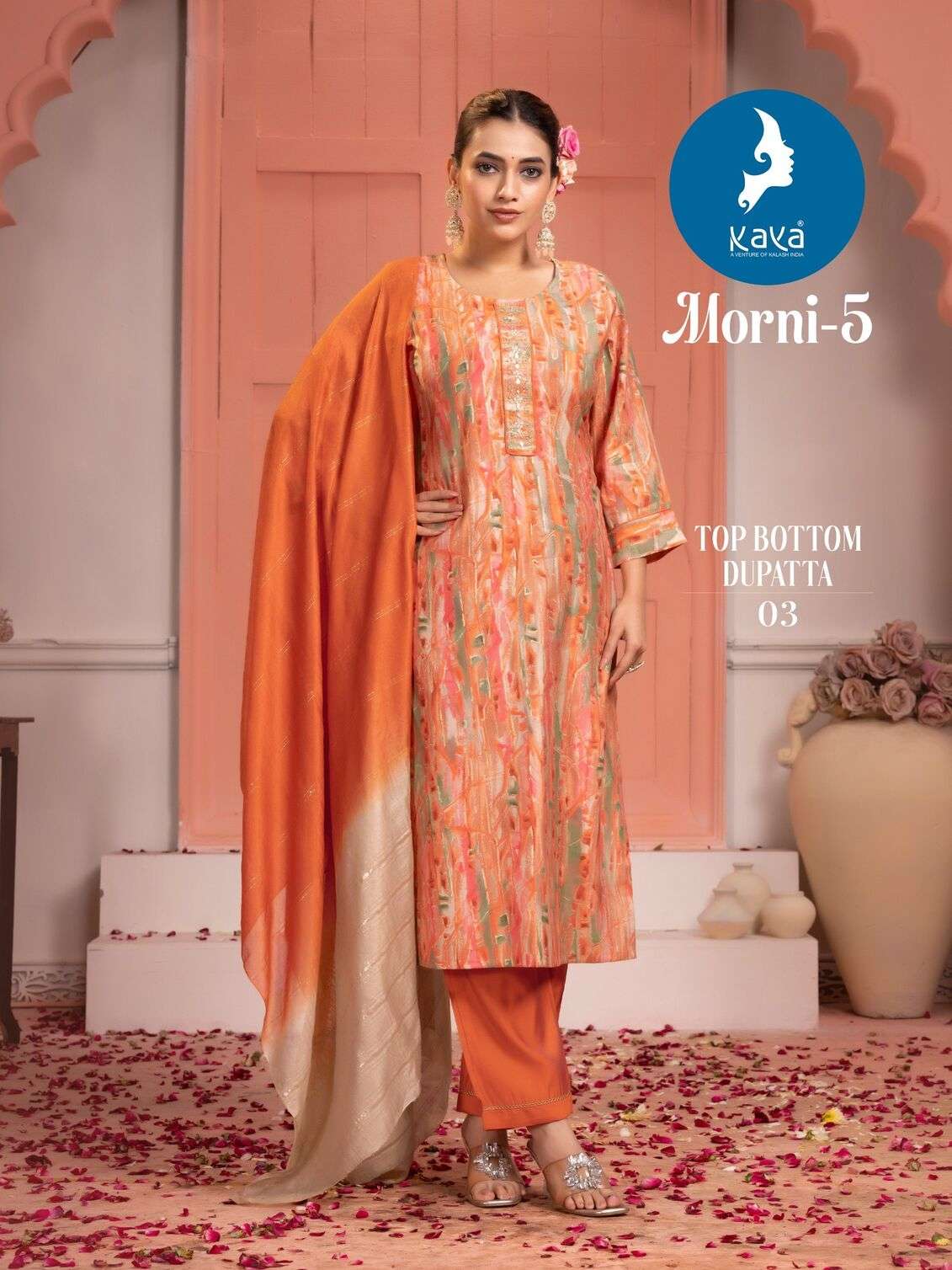 MORNI VOL-5 BY KAYA KURTI ROMAN SILK 3 PIECE STRAIGHT CONCEPT KURTI PANT WITH CHANDERI JACQUARD DUPATTA 