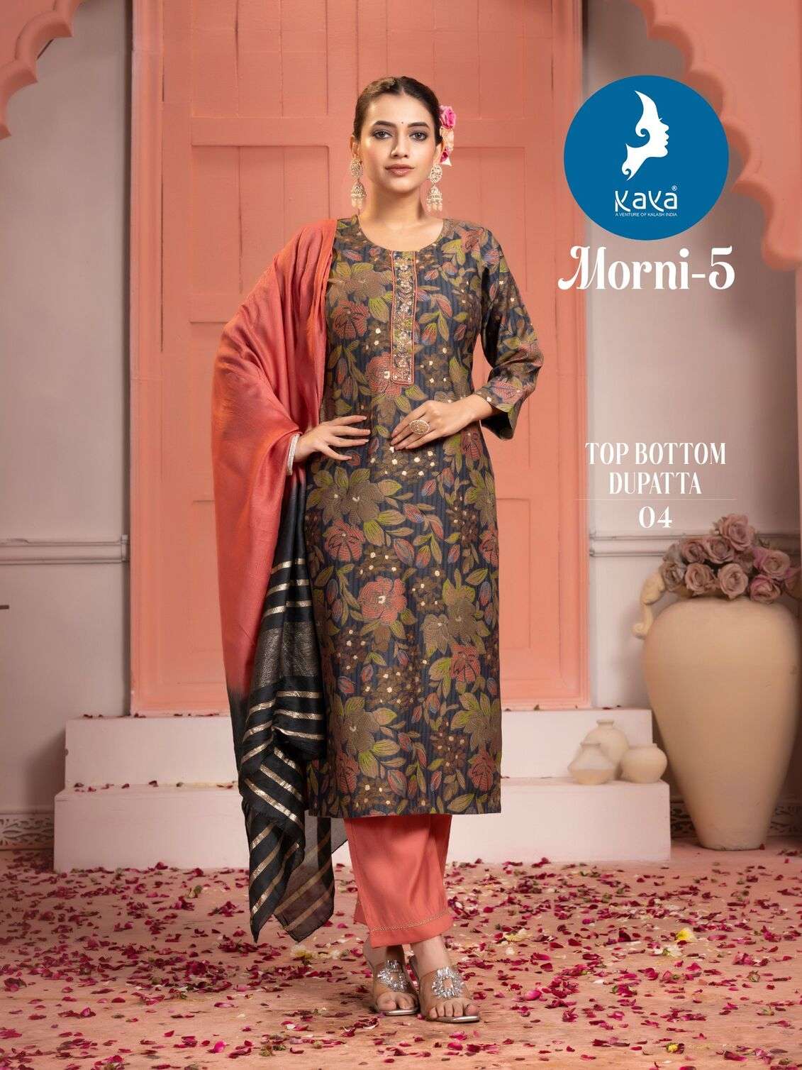 MORNI VOL-5 BY KAYA KURTI ROMAN SILK 3 PIECE STRAIGHT CONCEPT KURTI PANT WITH CHANDERI JACQUARD DUPATTA 