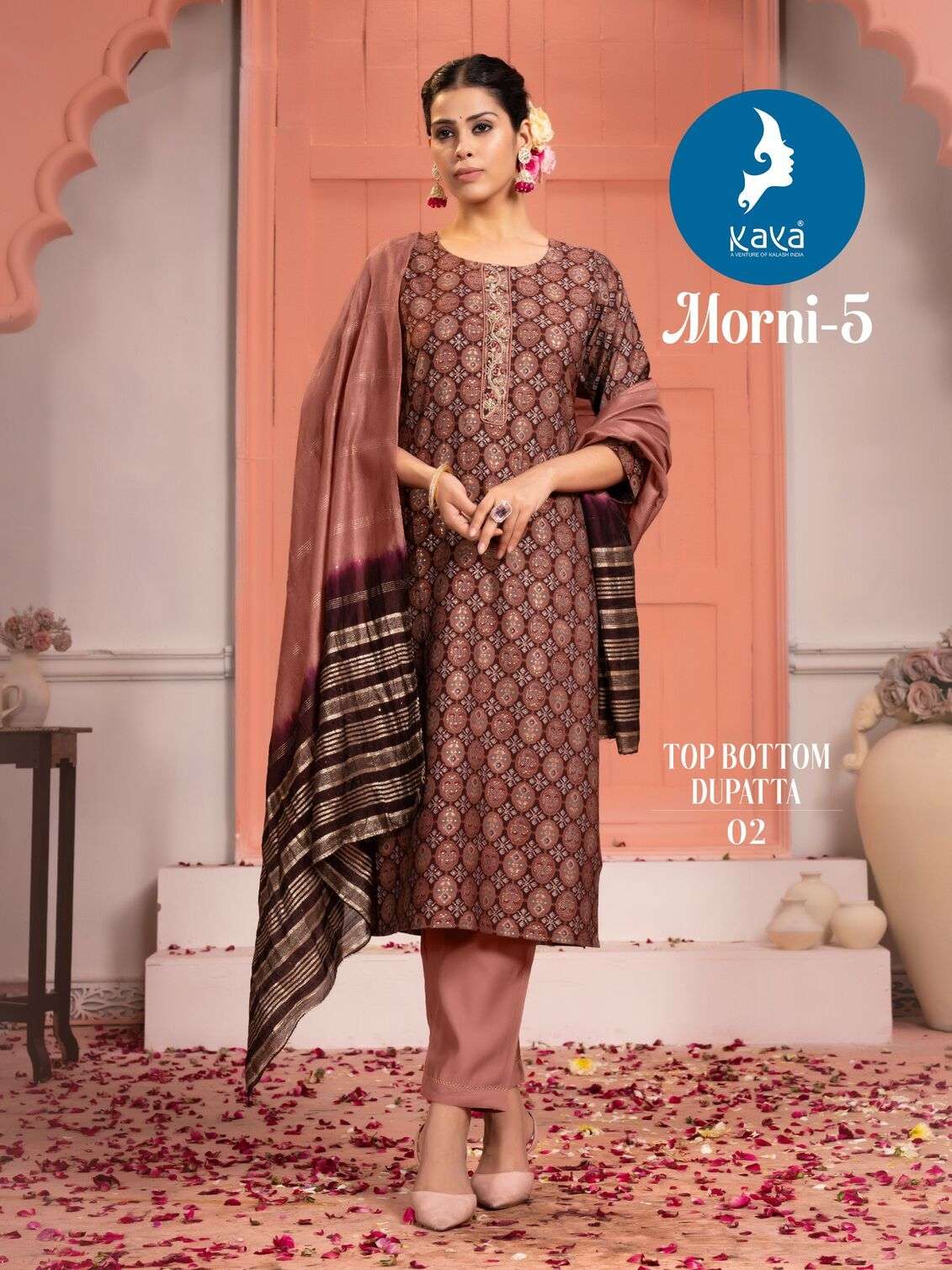 MORNI VOL-5 BY KAYA KURTI ROMAN SILK 3 PIECE STRAIGHT CONCEPT KURTI PANT WITH CHANDERI JACQUARD DUPATTA 