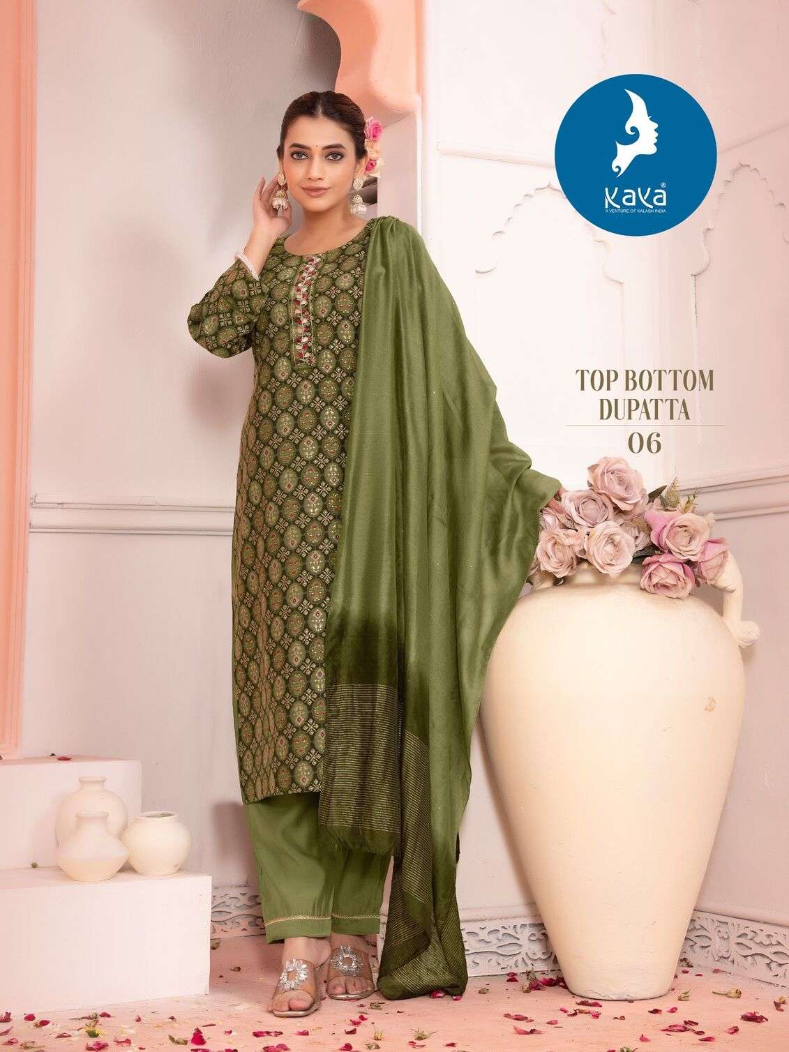 MORNI VOL-5 BY KAYA KURTI ROMAN SILK 3 PIECE STRAIGHT CONCEPT KURTI PANT WITH CHANDERI JACQUARD DUPATTA 