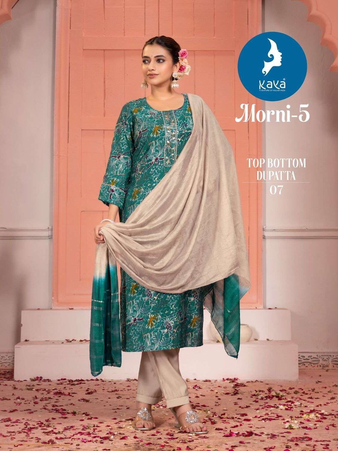 MORNI VOL-5 BY KAYA KURTI ROMAN SILK 3 PIECE STRAIGHT CONCEPT KURTI PANT WITH CHANDERI JACQUARD DUPATTA 