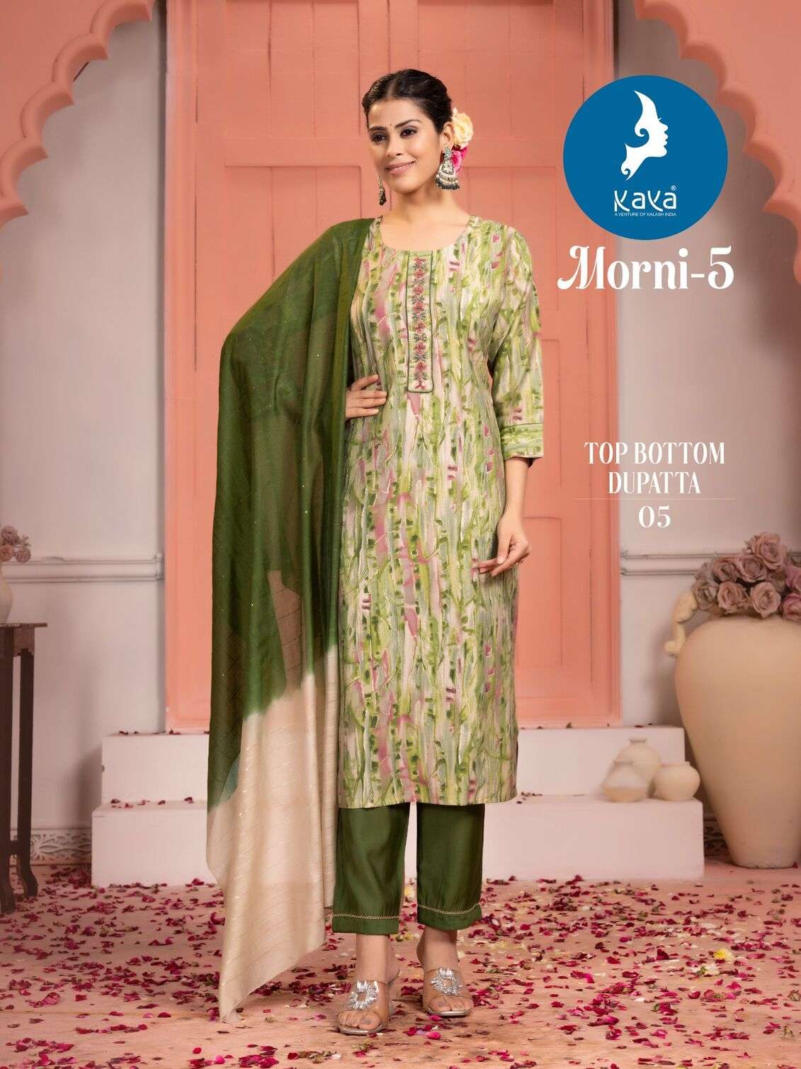 MORNI VOL-5 BY KAYA KURTI ROMAN SILK 3 PIECE STRAIGHT CONCEPT KURTI PANT WITH CHANDERI JACQUARD DUPATTA 