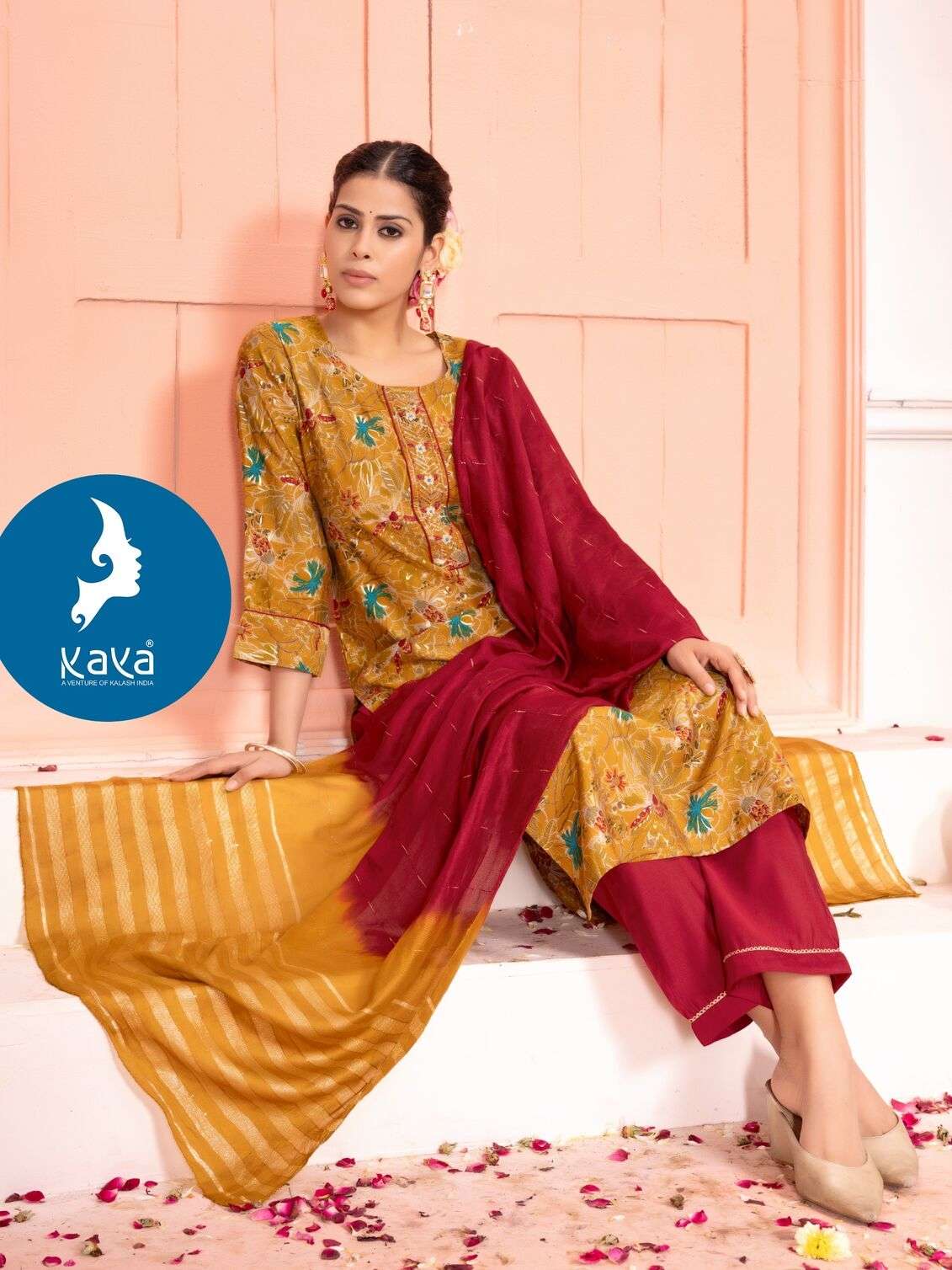 MORNI VOL-5 BY KAYA KURTI ROMAN SILK 3 PIECE STRAIGHT CONCEPT KURTI PANT WITH CHANDERI JACQUARD DUPATTA 