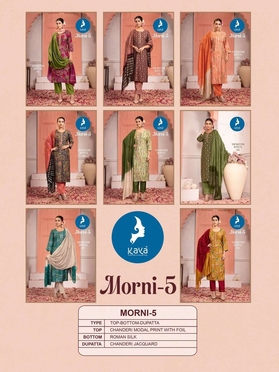 MORNI VOL-5 BY KAYA KURTI ROMAN SILK 3 PIECE STRAIGHT CONCEPT KURTI PANT WITH CHANDERI JACQUARD DUPATTA 