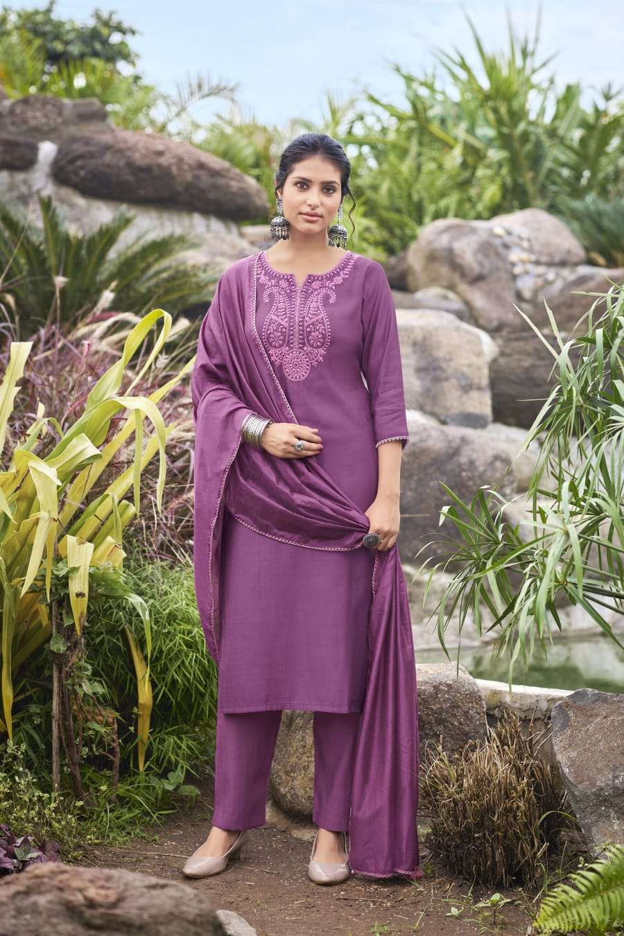 NARGIS BY OSSM ROMAN SLUB FABRIC HEAVY THREAD EMBROIDERY KURTI PANT WITH DUPATTA 