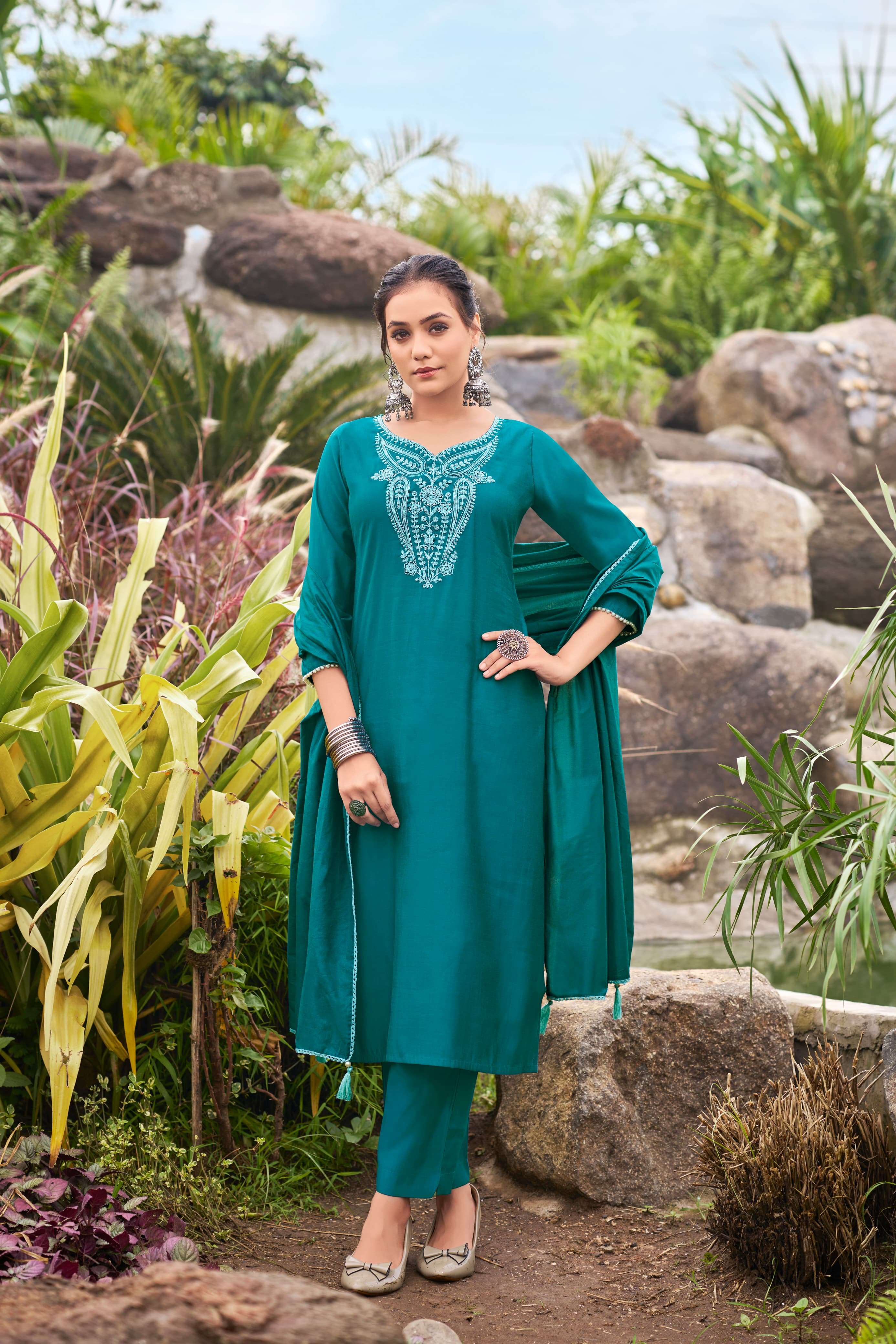 NARGIS BY OSSM ROMAN SLUB FABRIC HEAVY THREAD EMBROIDERY KURTI PANT WITH DUPATTA 