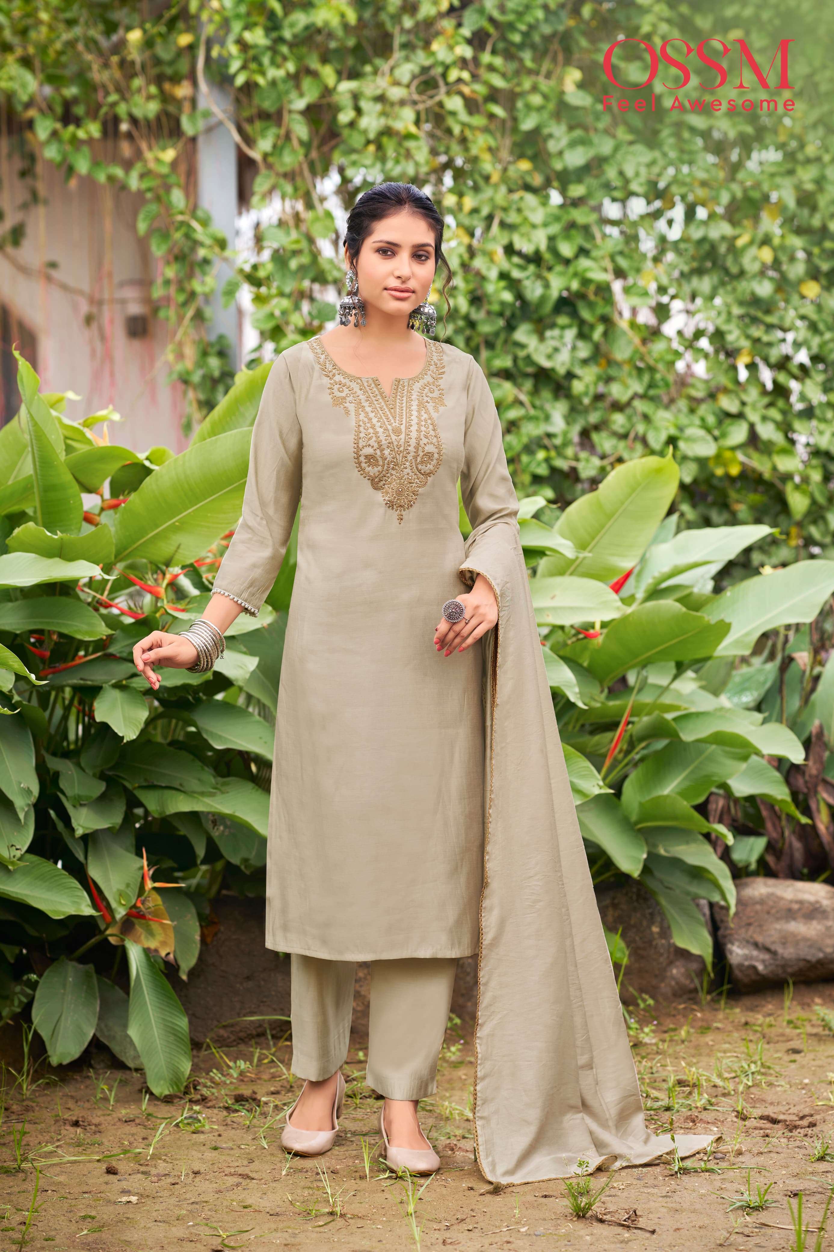 NARGIS BY OSSM ROMAN SLUB FABRIC HEAVY THREAD EMBROIDERY KURTI PANT WITH DUPATTA 