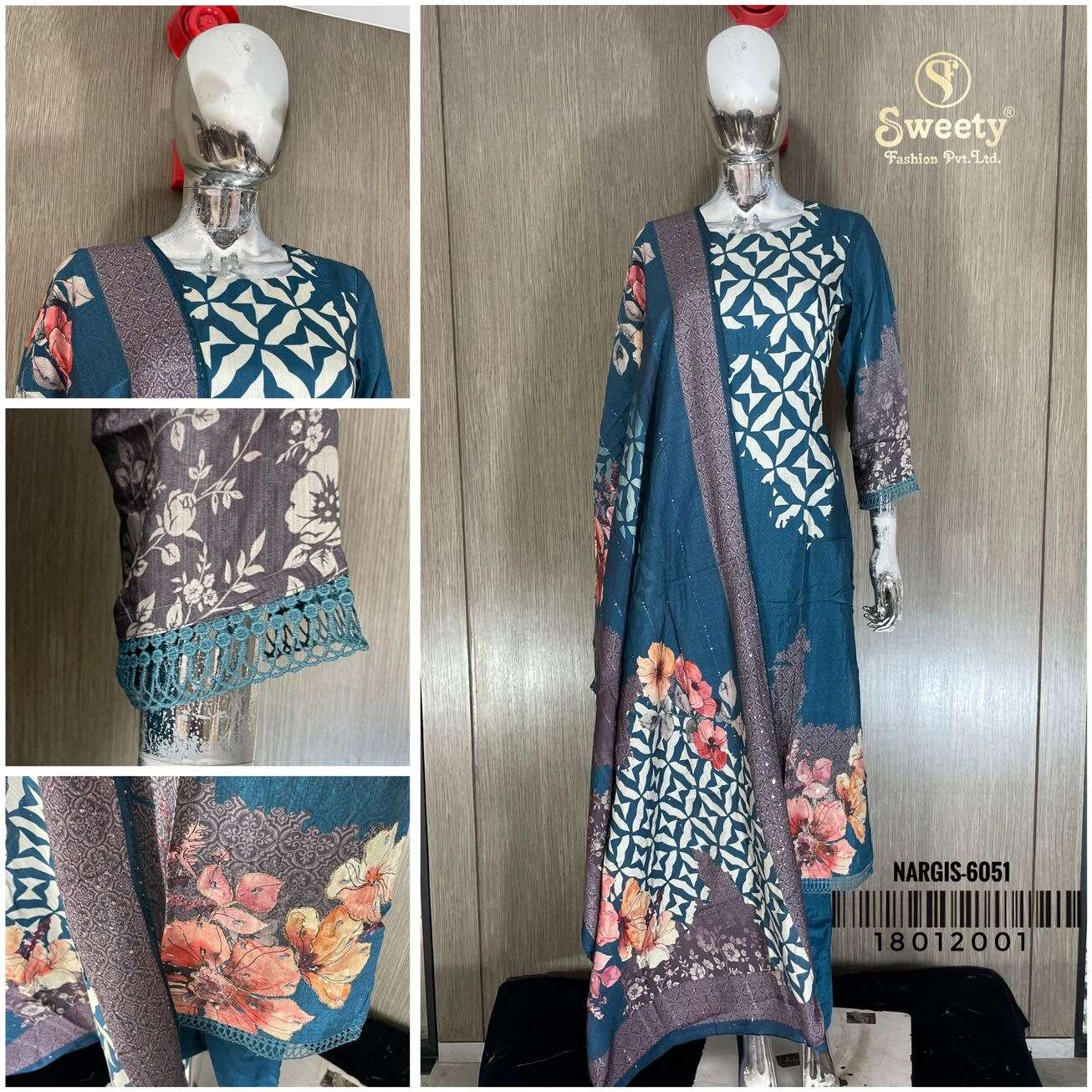 NARGIS BY SWEETY FASHION PURE MUSLIN DIGITAL PRINTED WITH HANDWORK KURTI PANT WITH DUPATTA 