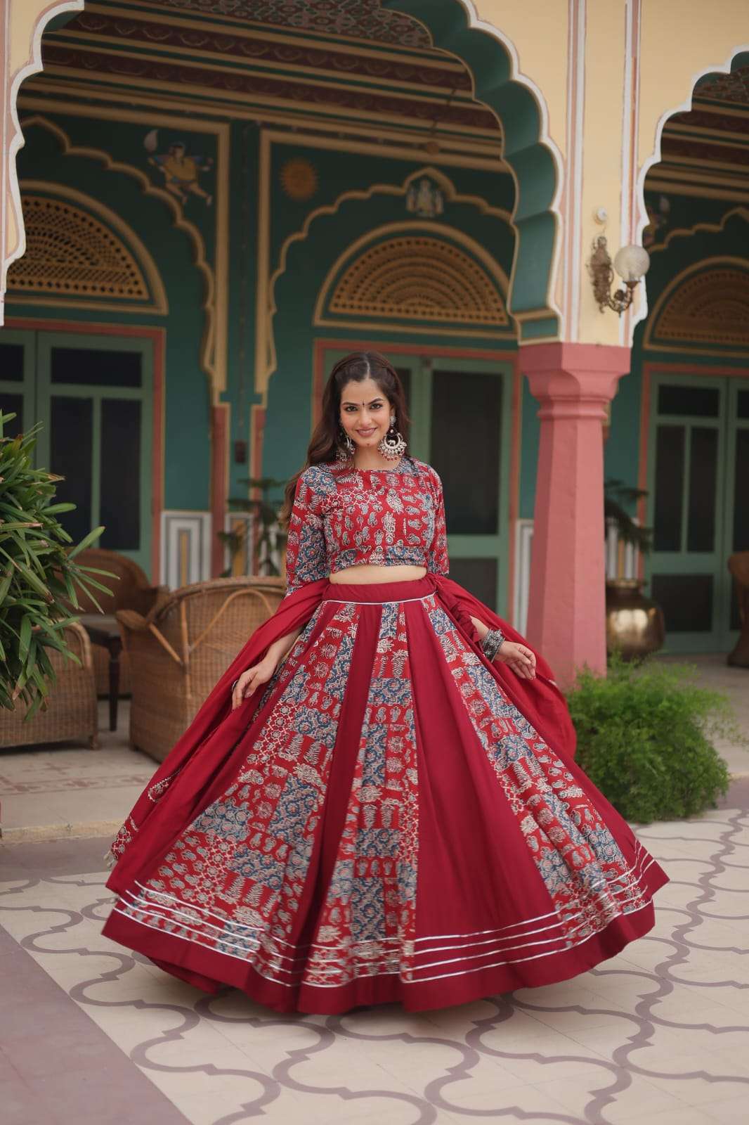 NAVRATRI COLLECTION BY TEXOFAB PRINTED RAYON WITH GOTTA PATTI WORK & KODI LACE LEHENGA BLOUSE & DUPATTA 