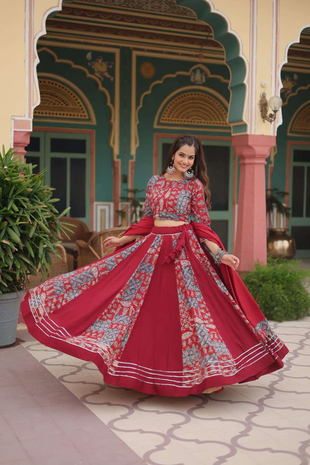 NAVRATRI COLLECTION BY TEXOFAB PRINTED RAYON WITH GOTTA PATTI WORK & KODI LACE LEHENGA BLOUSE & DUPATTA 