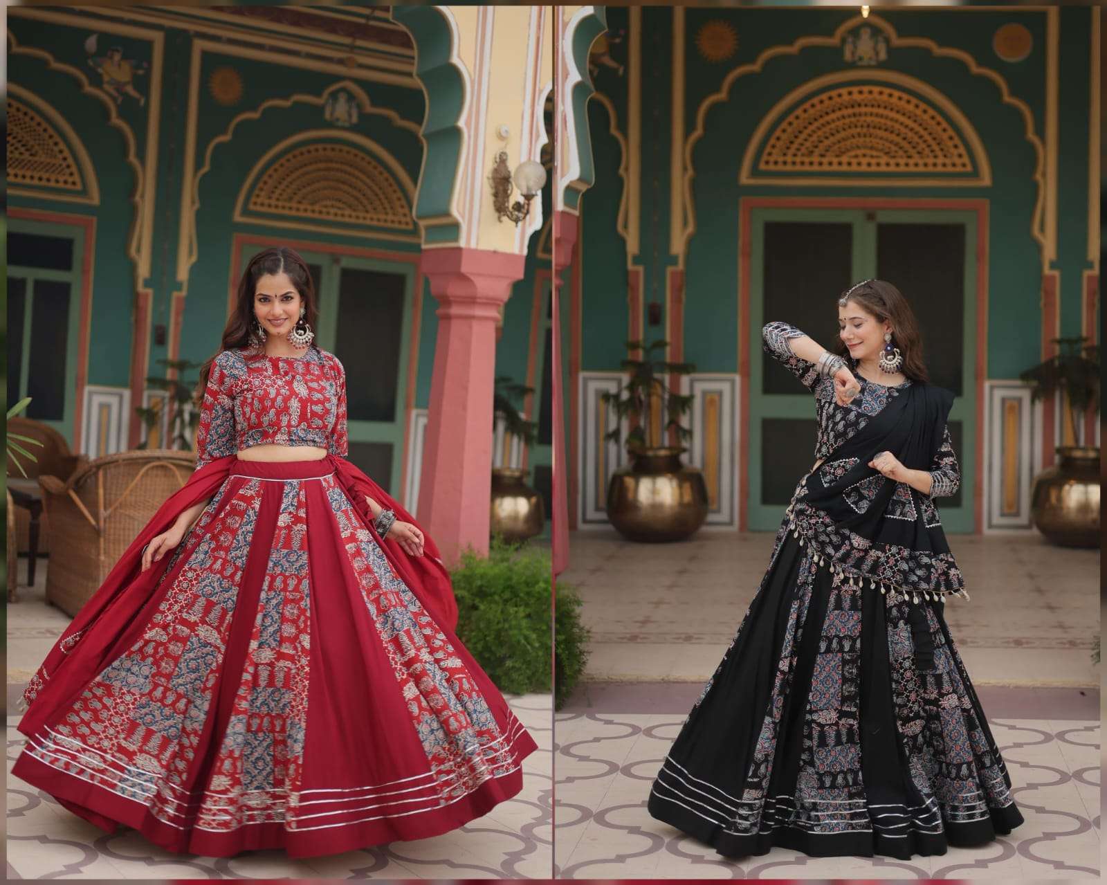 NAVRATRI COLLECTION BY TEXOFAB PRINTED RAYON WITH GOTTA PATTI WORK & KODI LACE LEHENGA BLOUSE & DUPATTA 