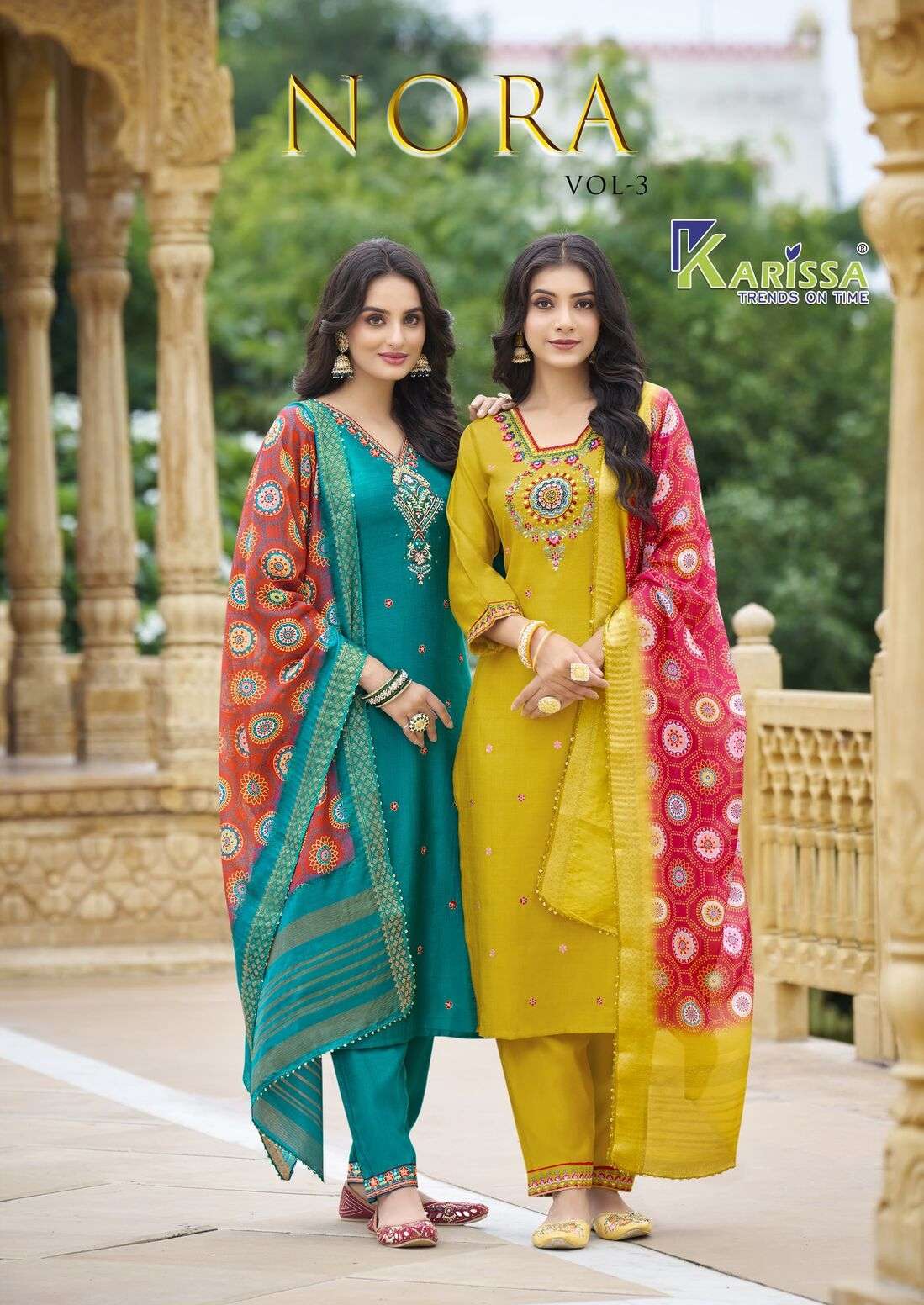 NORA VOL-3 BY KARISSA PREMIUM PURE FANCY VISCOSE THREAD HAND KHATLI WORK KURTI PANT WITH DIGITAL PRINT DUPATTA 