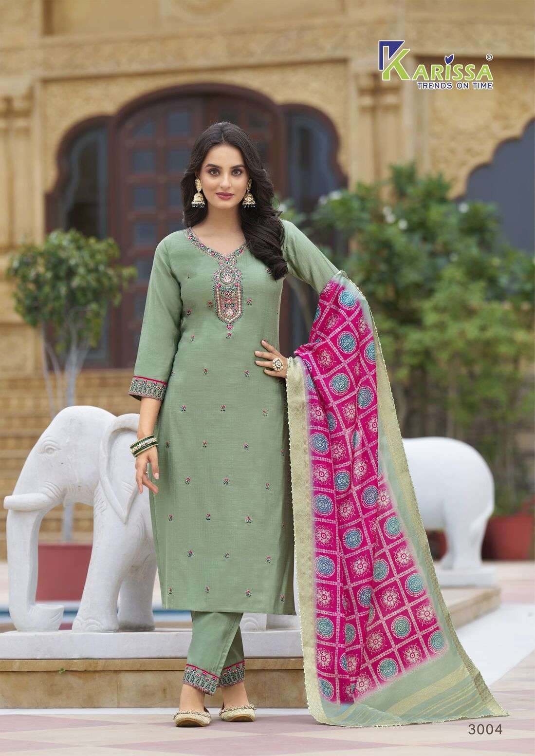 NORA VOL-3 BY KARISSA PREMIUM PURE FANCY VISCOSE THREAD HAND KHATLI WORK KURTI PANT WITH DIGITAL PRINT DUPATTA 