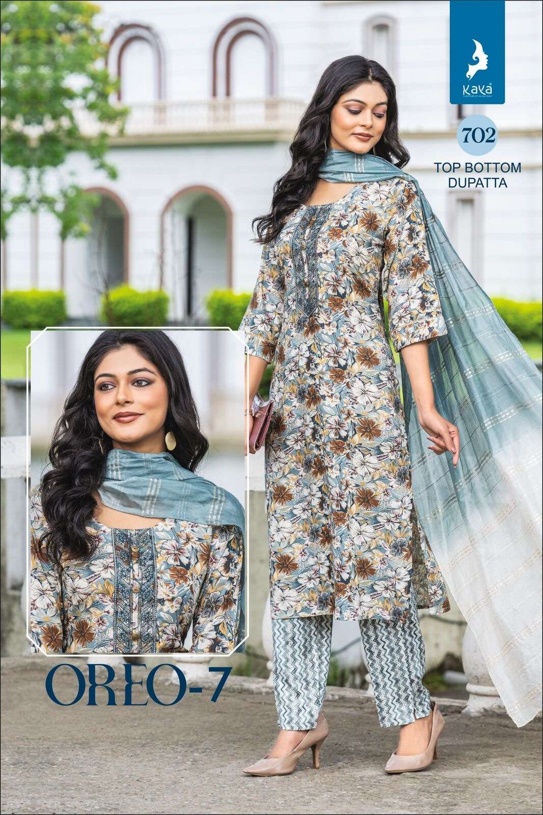 OREO VOL-7 BY KAYA KURTI HEAVY RAYON PRINT WITH ONE SIDE POCKET KURTI PANT WITH SEQUENCE DUPATTA 