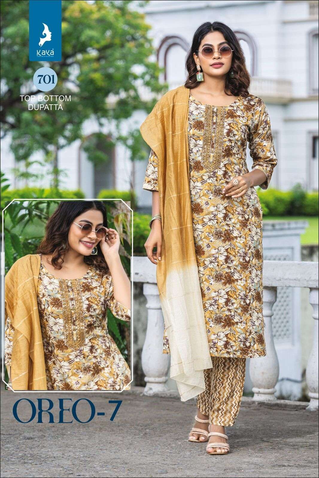 OREO VOL-7 BY KAYA KURTI HEAVY RAYON PRINT WITH ONE SIDE POCKET KURTI PANT WITH SEQUENCE DUPATTA 