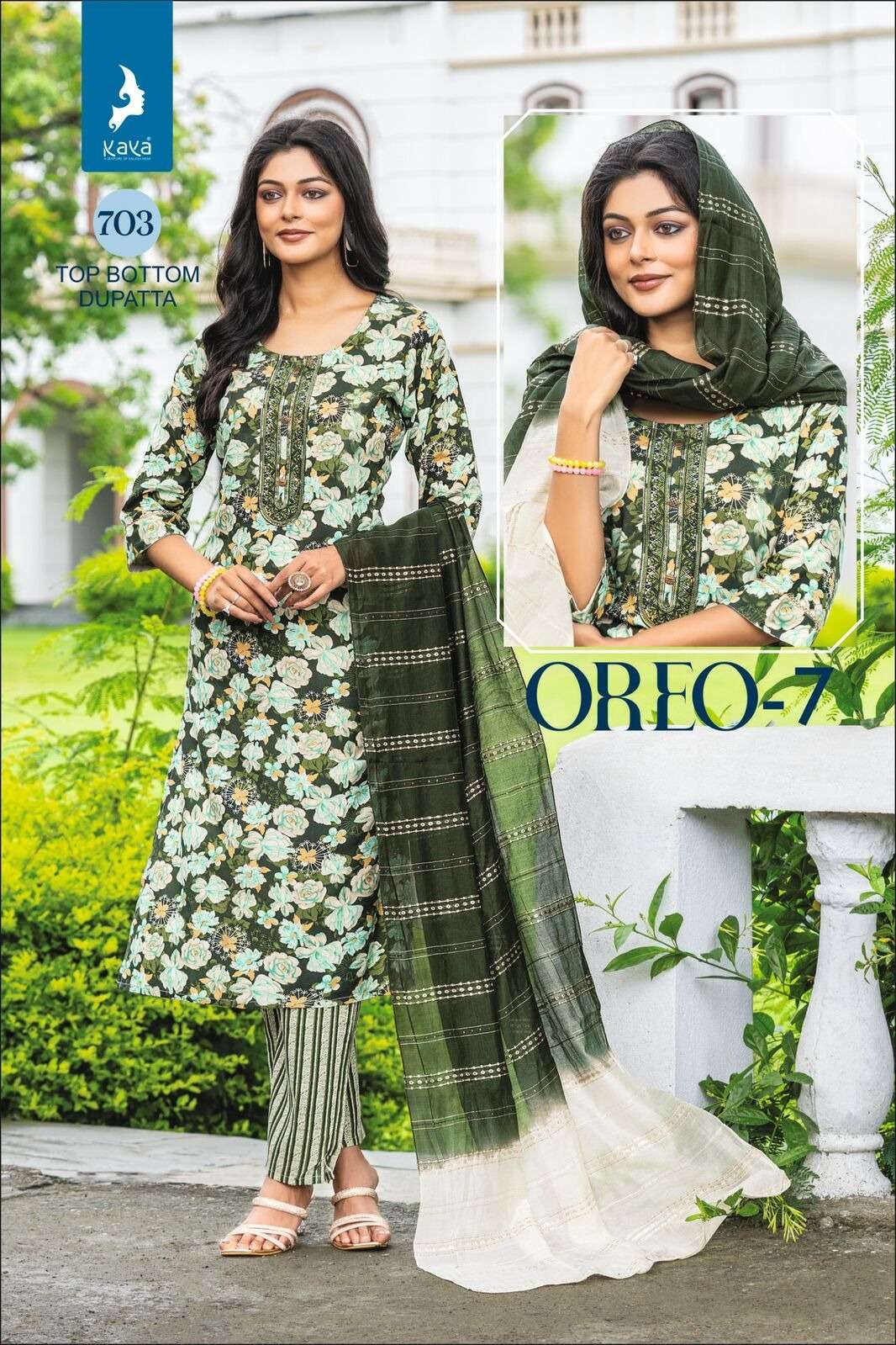 OREO VOL-7 BY KAYA KURTI HEAVY RAYON PRINT WITH ONE SIDE POCKET KURTI PANT WITH SEQUENCE DUPATTA 