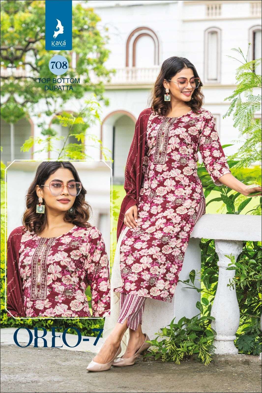 OREO VOL-7 BY KAYA KURTI HEAVY RAYON PRINT WITH ONE SIDE POCKET KURTI PANT WITH SEQUENCE DUPATTA 