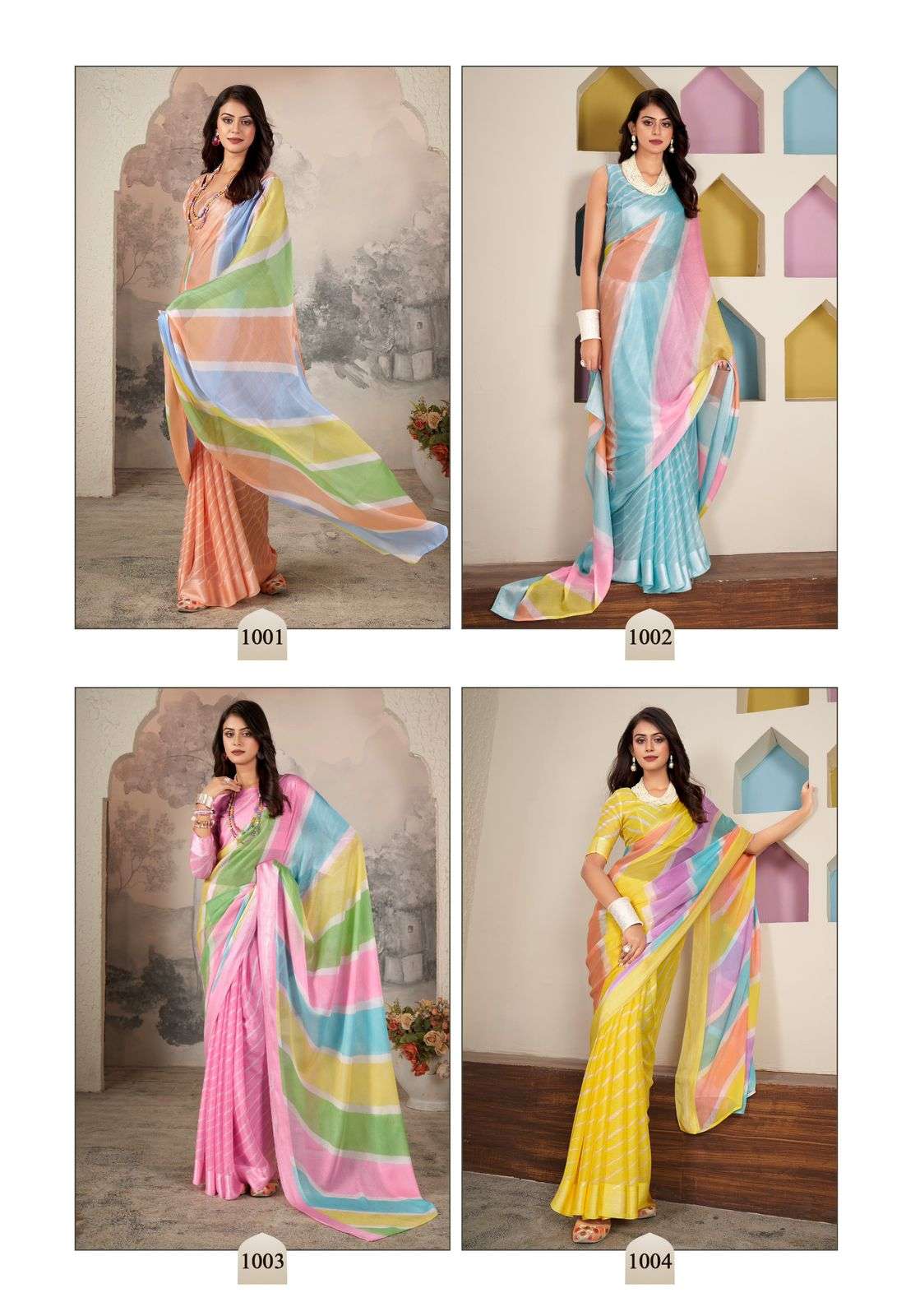 POM POM BY TEXOFAB PURE ZARI CHIFFON LEHRIYA PRINTED WITH SILVER WEAVING BORDER SAREES 