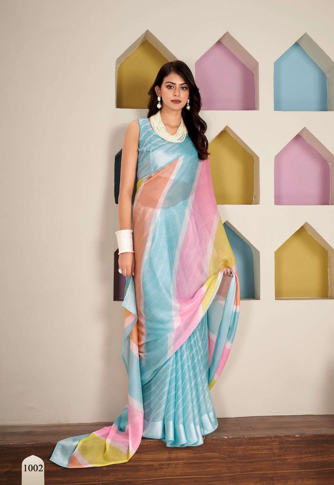 POM POM BY TEXOFAB PURE ZARI CHIFFON LEHRIYA PRINTED WITH SILVER WEAVING BORDER SAREES 