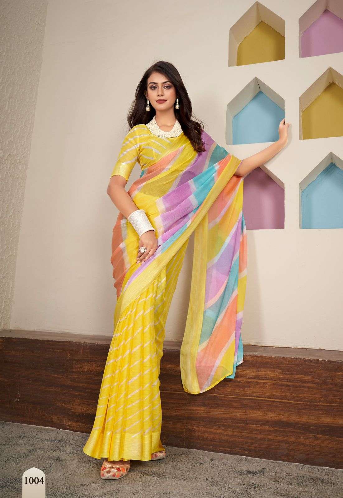 POM POM BY TEXOFAB PURE ZARI CHIFFON LEHRIYA PRINTED WITH SILVER WEAVING BORDER SAREES 