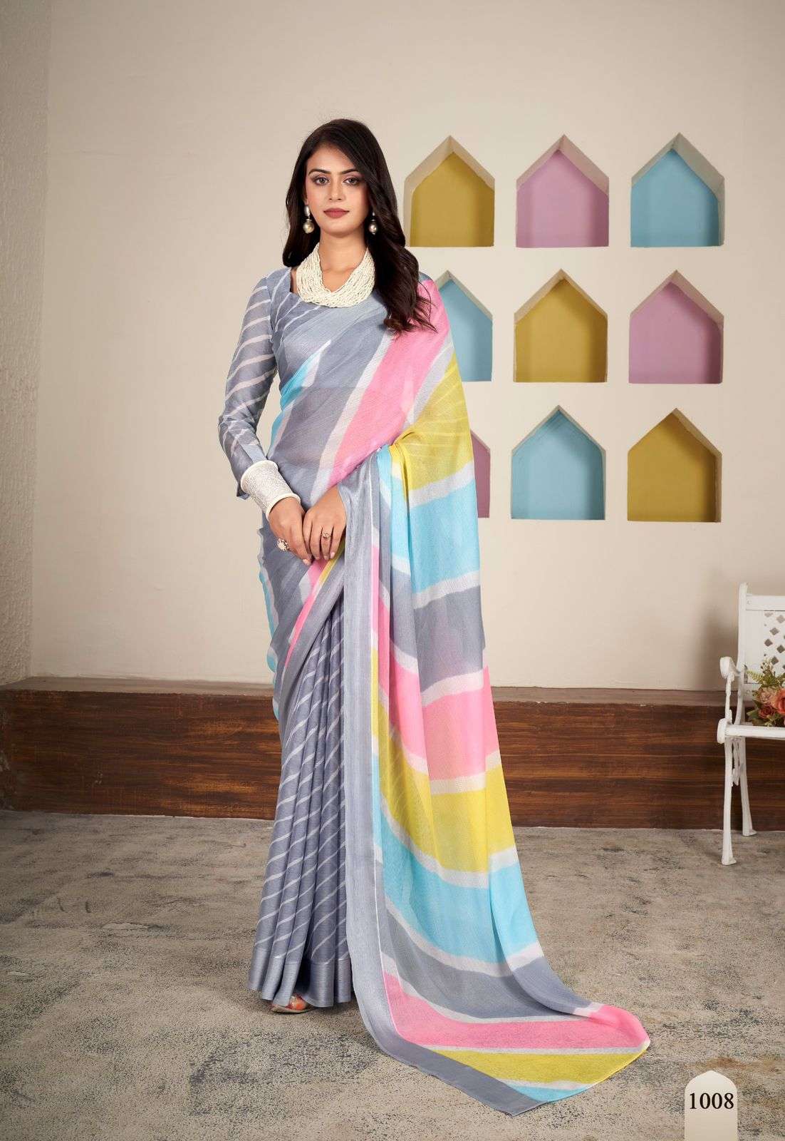 POM POM BY TEXOFAB PURE ZARI CHIFFON LEHRIYA PRINTED WITH SILVER WEAVING BORDER SAREES 