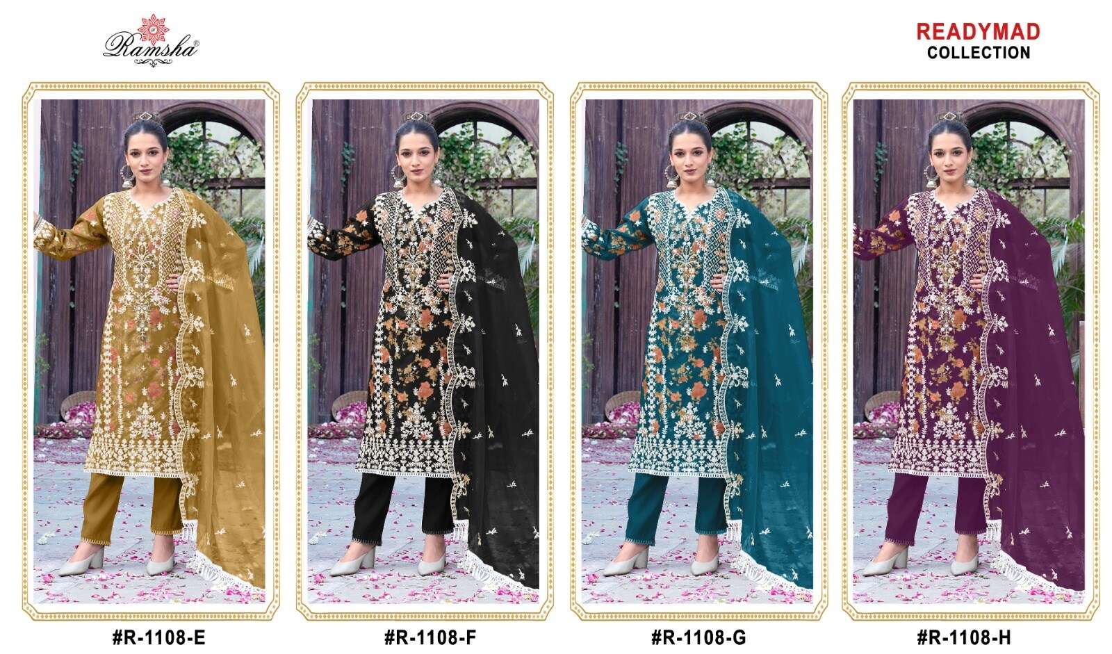 R-1108 NX BY RAMSHA ORGANZA EMBROIDERY WITH INNER PRINT KURTI PANT & DUPATTA  