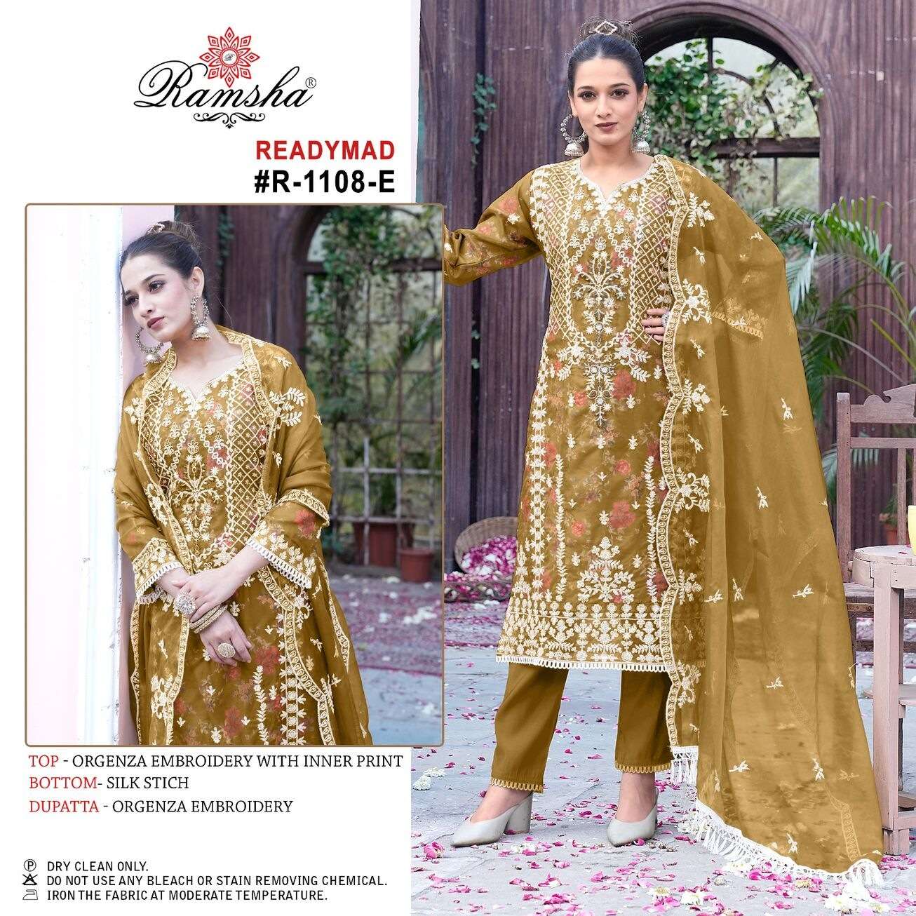 R-1108 NX BY RAMSHA ORGANZA EMBROIDERY WITH INNER PRINT KURTI PANT & DUPATTA  