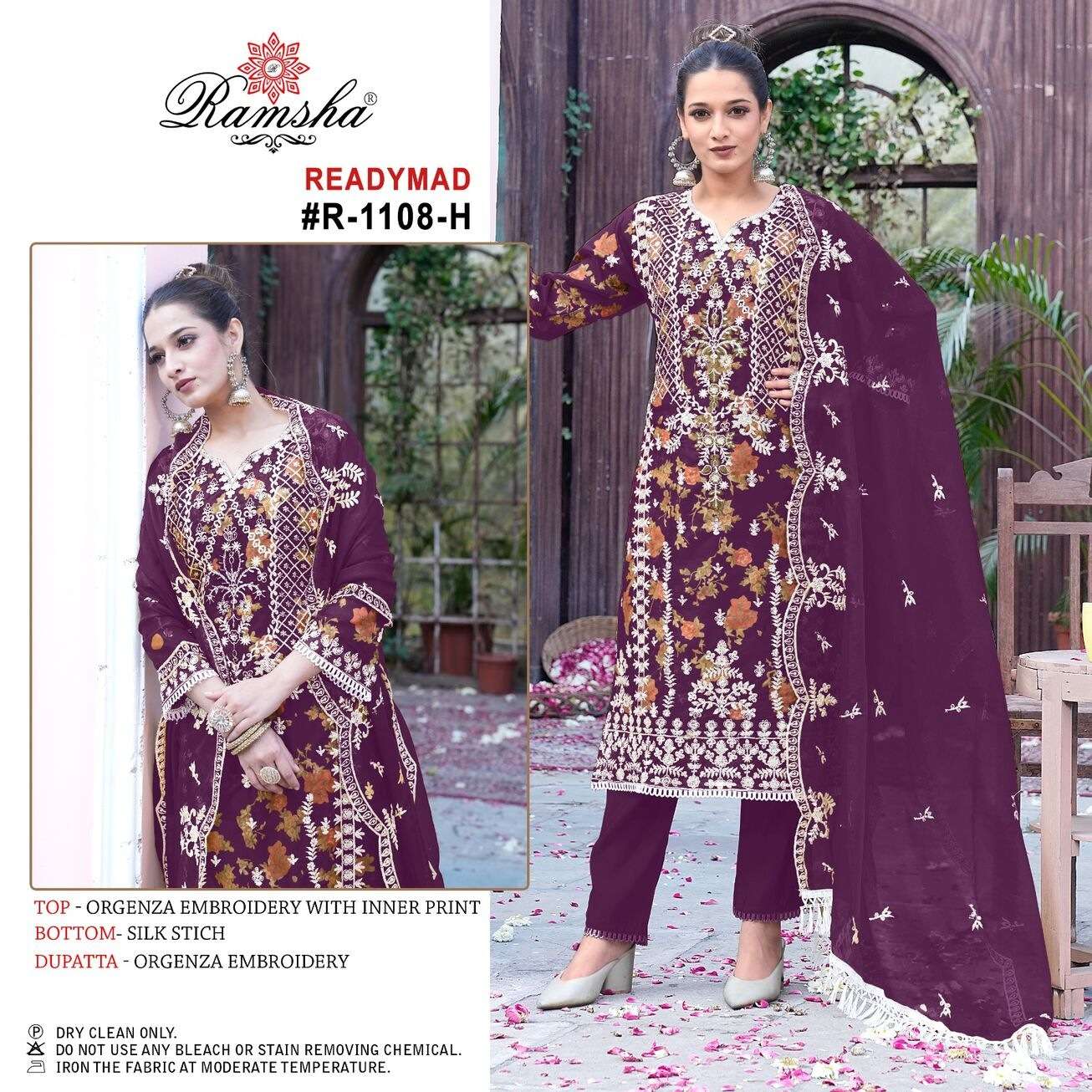 R-1108 NX BY RAMSHA ORGANZA EMBROIDERY WITH INNER PRINT KURTI PANT & DUPATTA  