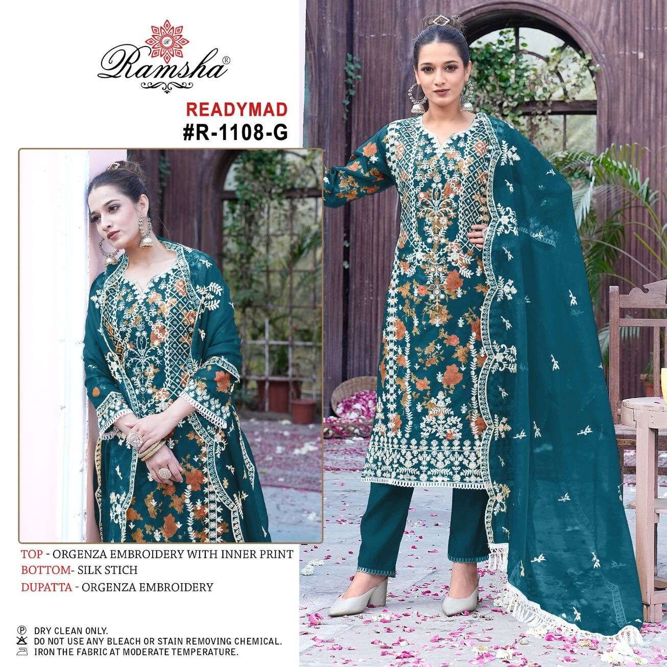 R-1108 NX BY RAMSHA ORGANZA EMBROIDERY WITH INNER PRINT KURTI PANT & DUPATTA  