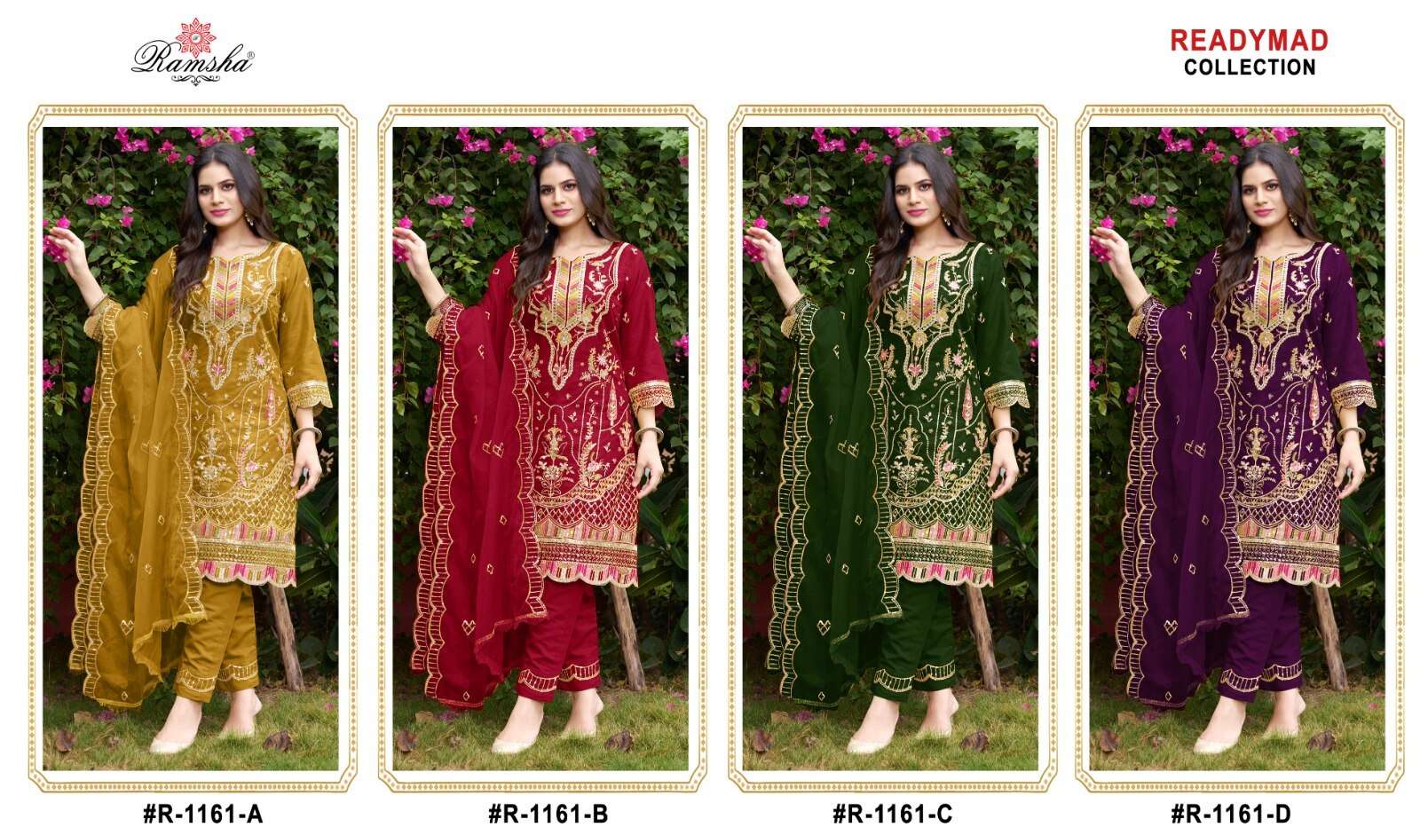 R-1161 NX BY RAMSHA ORGANZA EMBROIDERY SILK STITCH KURTI PANT WITH DUPATTA 