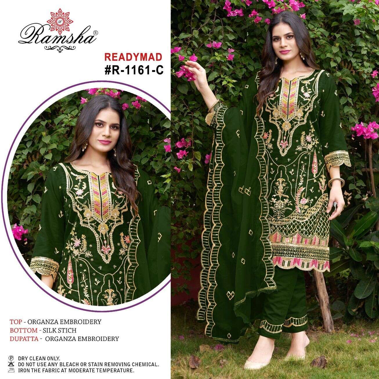 R-1161 NX BY RAMSHA ORGANZA EMBROIDERY SILK STITCH KURTI PANT WITH DUPATTA 