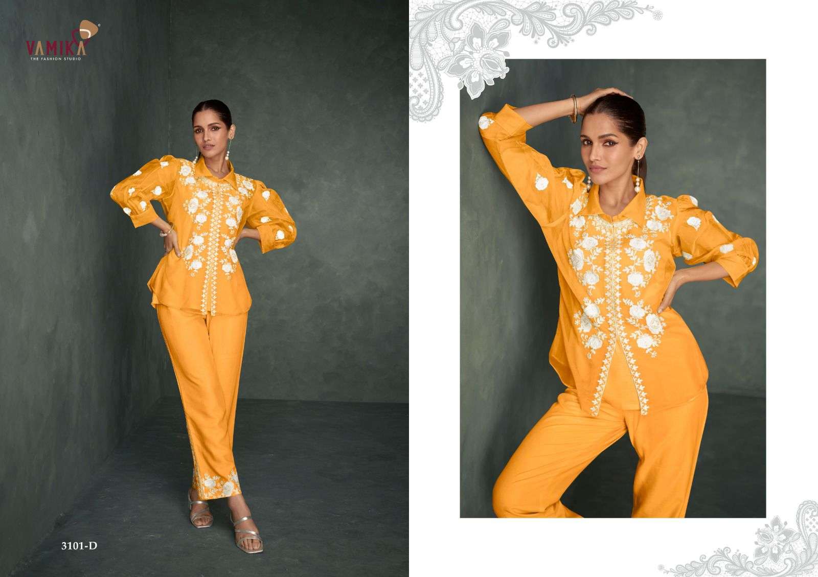 RABYA VOL-1 SILVER BY VAMIKA HEAVY ORGANZA WITH WHITE WORK STYLISH CO-ORD SETS 