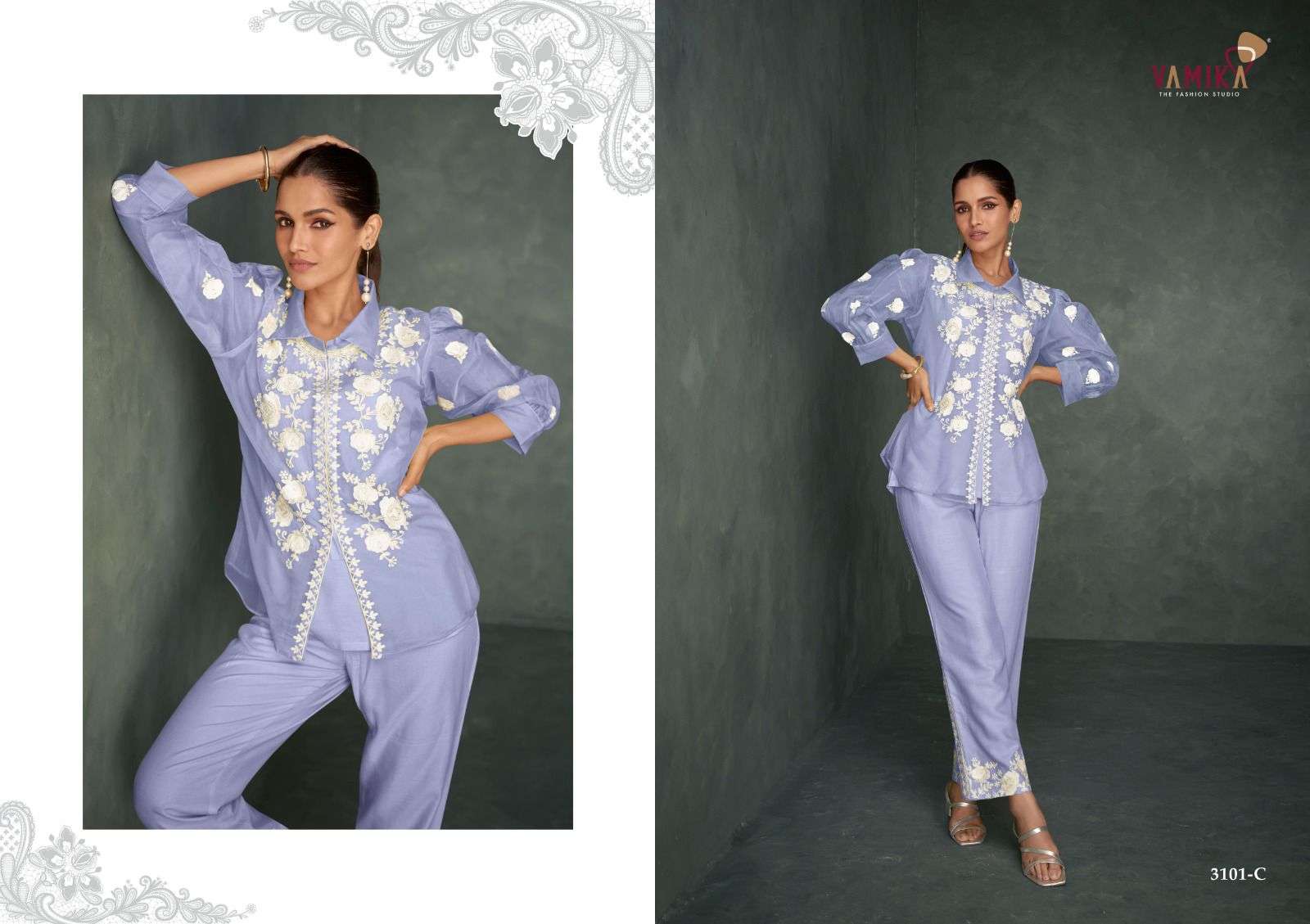 RABYA VOL-1 SILVER BY VAMIKA HEAVY ORGANZA WITH WHITE WORK STYLISH CO-ORD SETS 