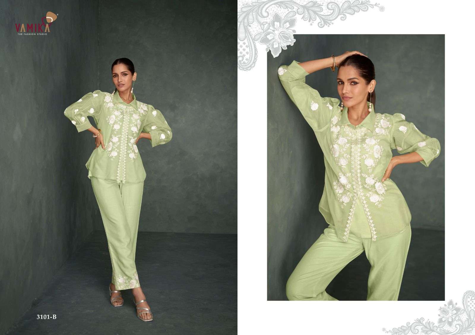 RABYA VOL-1 SILVER BY VAMIKA HEAVY ORGANZA WITH WHITE WORK STYLISH CO-ORD SETS 