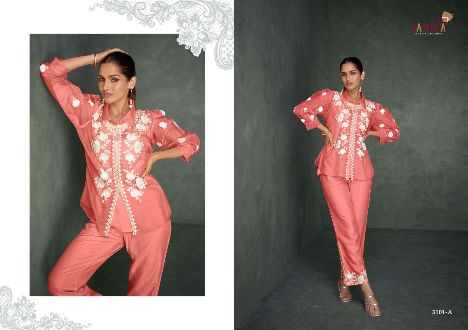 RABYA VOL-1 SILVER BY VAMIKA HEAVY ORGANZA WITH WHITE WORK STYLISH CO-ORD SETS 