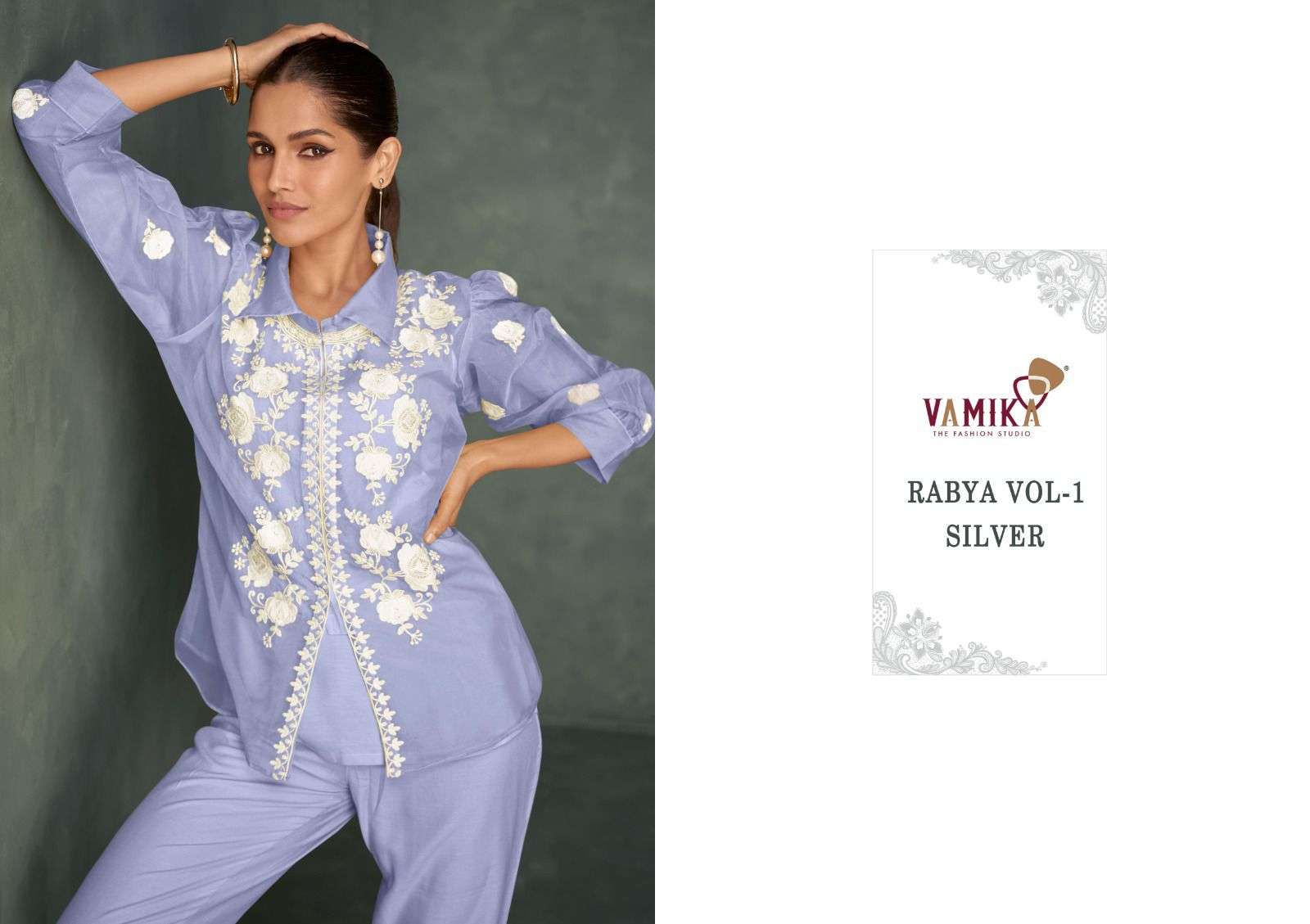 RABYA VOL-1 SILVER BY VAMIKA HEAVY ORGANZA WITH WHITE WORK STYLISH CO-ORD SETS 