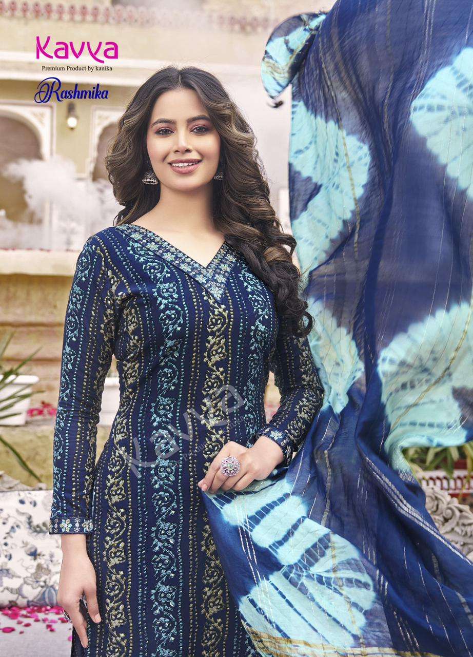 RASHMIKA VOL-1 BY KAVYA RAYON FABRIC STRAIGHT PRINTED KURTI TOP BOTTOM WITH CHANDERI DUPATTA 