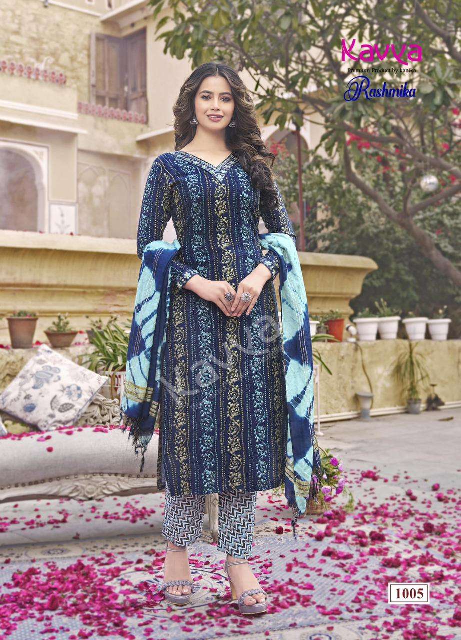 RASHMIKA VOL-1 BY KAVYA RAYON FABRIC STRAIGHT PRINTED KURTI TOP BOTTOM WITH CHANDERI DUPATTA 