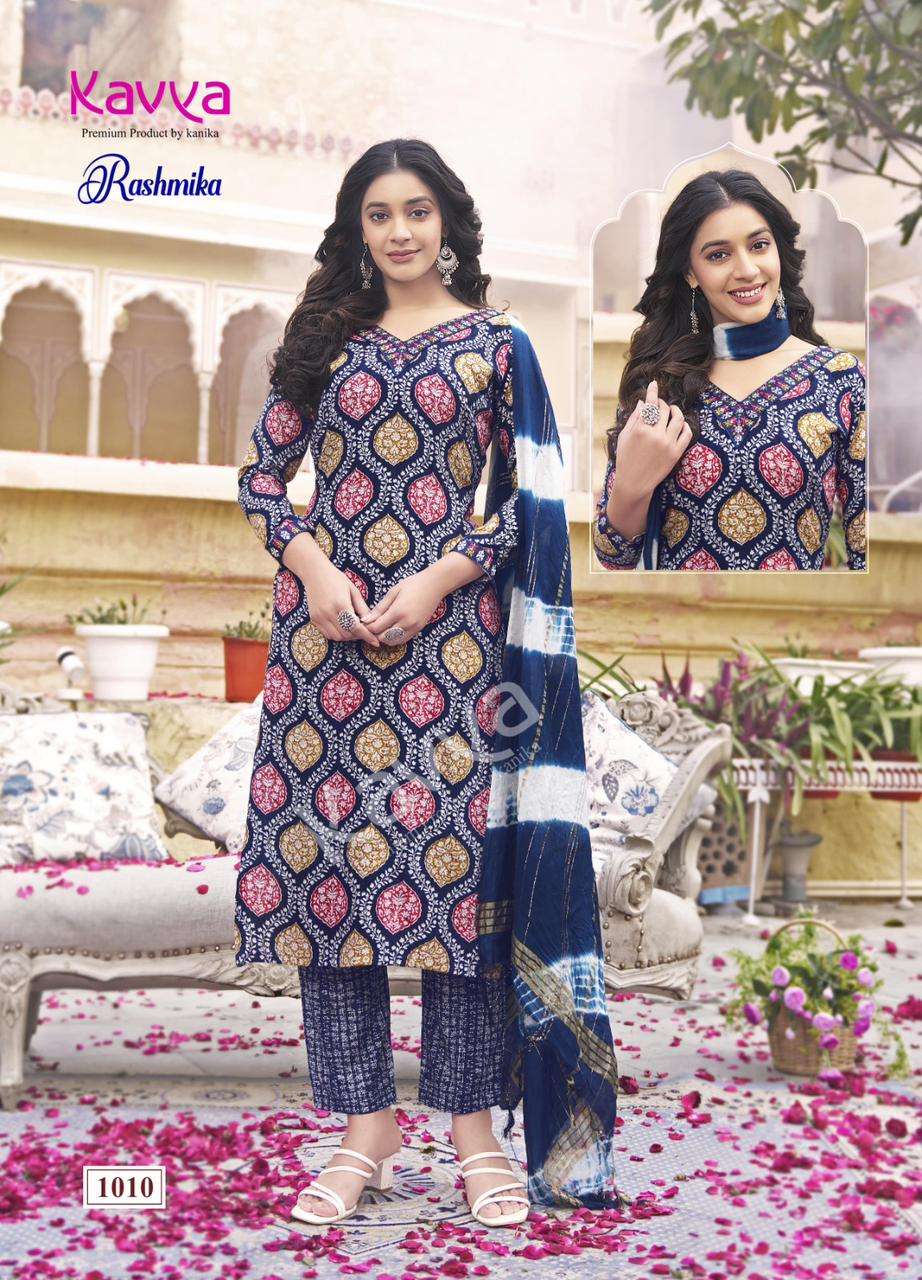 RASHMIKA VOL-1 BY KAVYA RAYON FABRIC STRAIGHT PRINTED KURTI TOP BOTTOM WITH CHANDERI DUPATTA 
