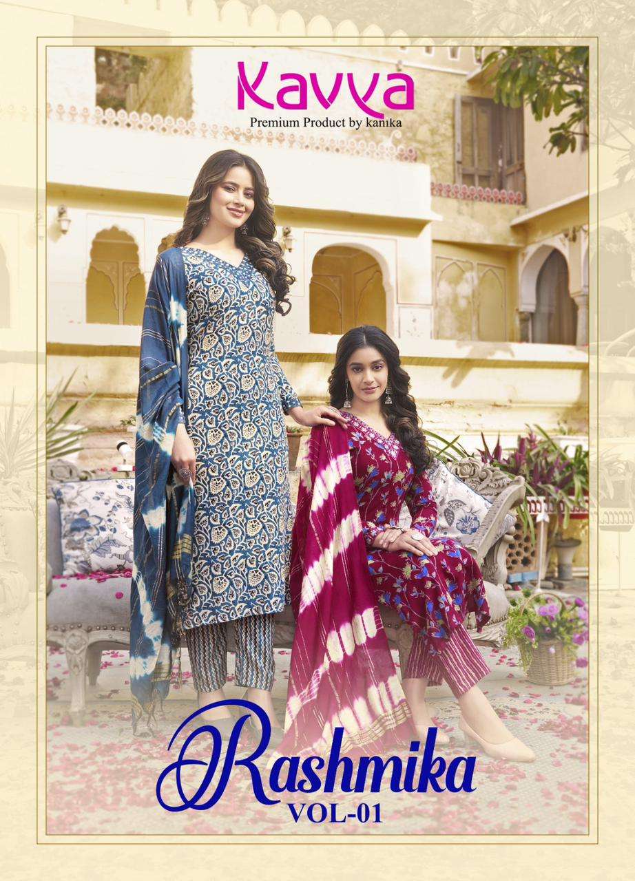 RASHMIKA VOL-1 BY KAVYA RAYON FABRIC STRAIGHT PRINTED KURTI TOP BOTTOM WITH CHANDERI DUPATTA 