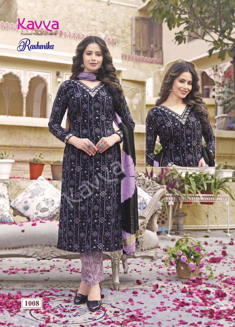RASHMIKA VOL-1 BY KAVYA RAYON FABRIC STRAIGHT PRINTED KURTI TOP BOTTOM WITH CHANDERI DUPATTA 